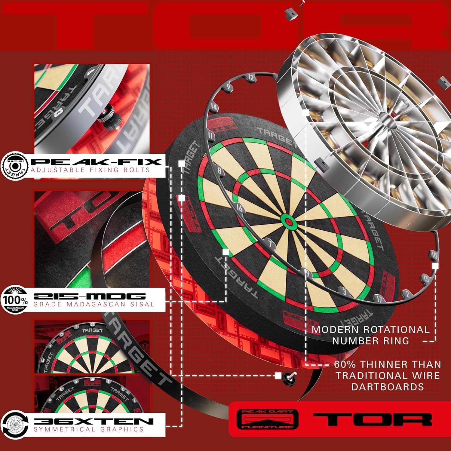 TOR Dartboard, Steel Tip Dart Board | Competition Standard Steel Tip Dartboards with Fixing Kit, Modern Rotational Number Ring, Premium Madagascan Sisal, Stainless Steel Thin Wire System