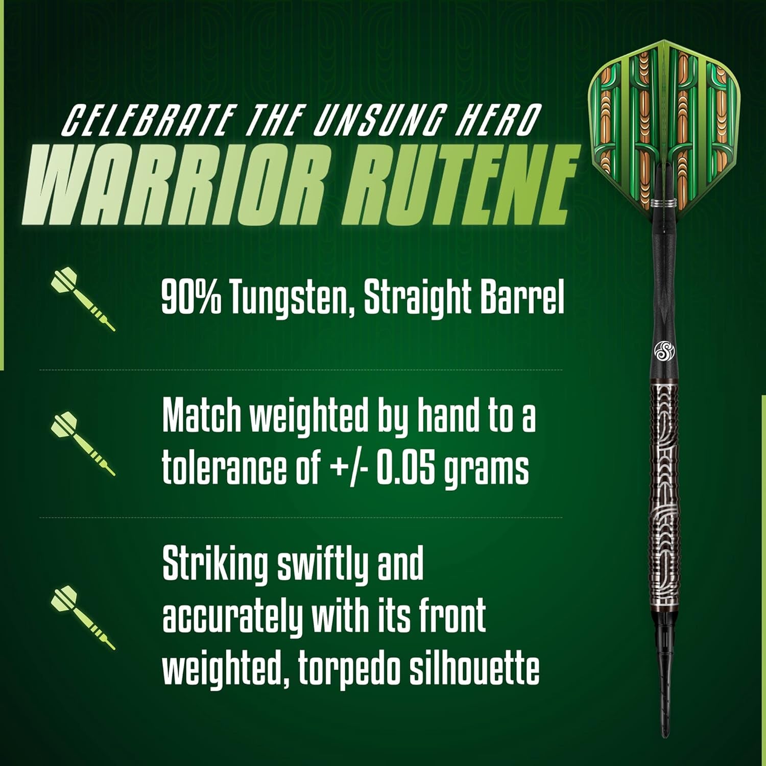 Darts Soft Tip, Warrior Rutene (18g/20g) 90% Tungsten, Front Balanced with Secure grip, Hand Drawn Design, Handcrafted Professional Dart Set and Flights Made in New Zealand, Plastic Tip Bar Darts