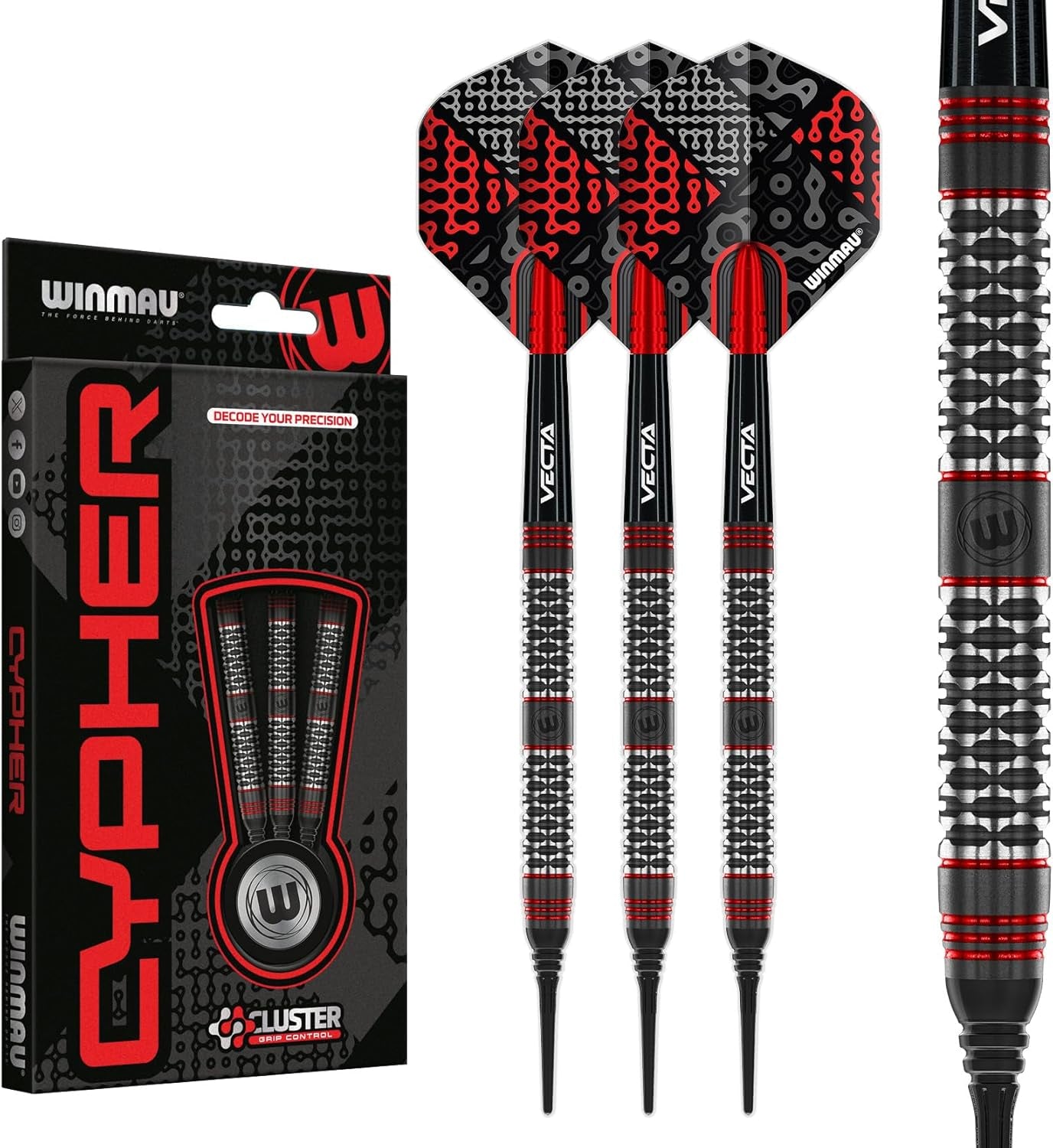 Darts Cypher Series 90% Professional Tungsten Darts Set with Dart Flights and Dart Shafts (Stems) - Available weights 18g Soft Tip 22g, 24g and 26g Steel Tip