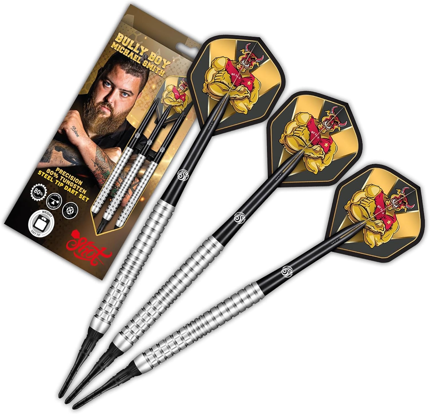 Shot Soft Darts Michael Smith Bully Boy Precision 80% Tungsten Softtip Darts Soft Dart High Quality Tungsten Darts Set with Shafts and Flights Made in New Zealand