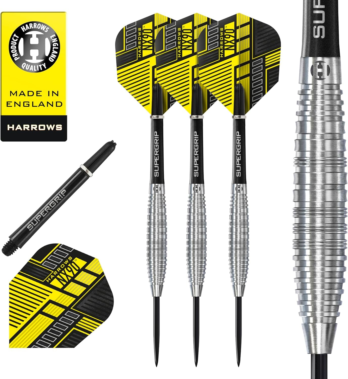 NX90 Bomb & Parallel Shape Darts Set I Professional Darts 90% Tungsten Steel Tip ALL Weights Pro Darts I 10pc Set with Black Supergrip Midi Shafts & NX90 Flights
