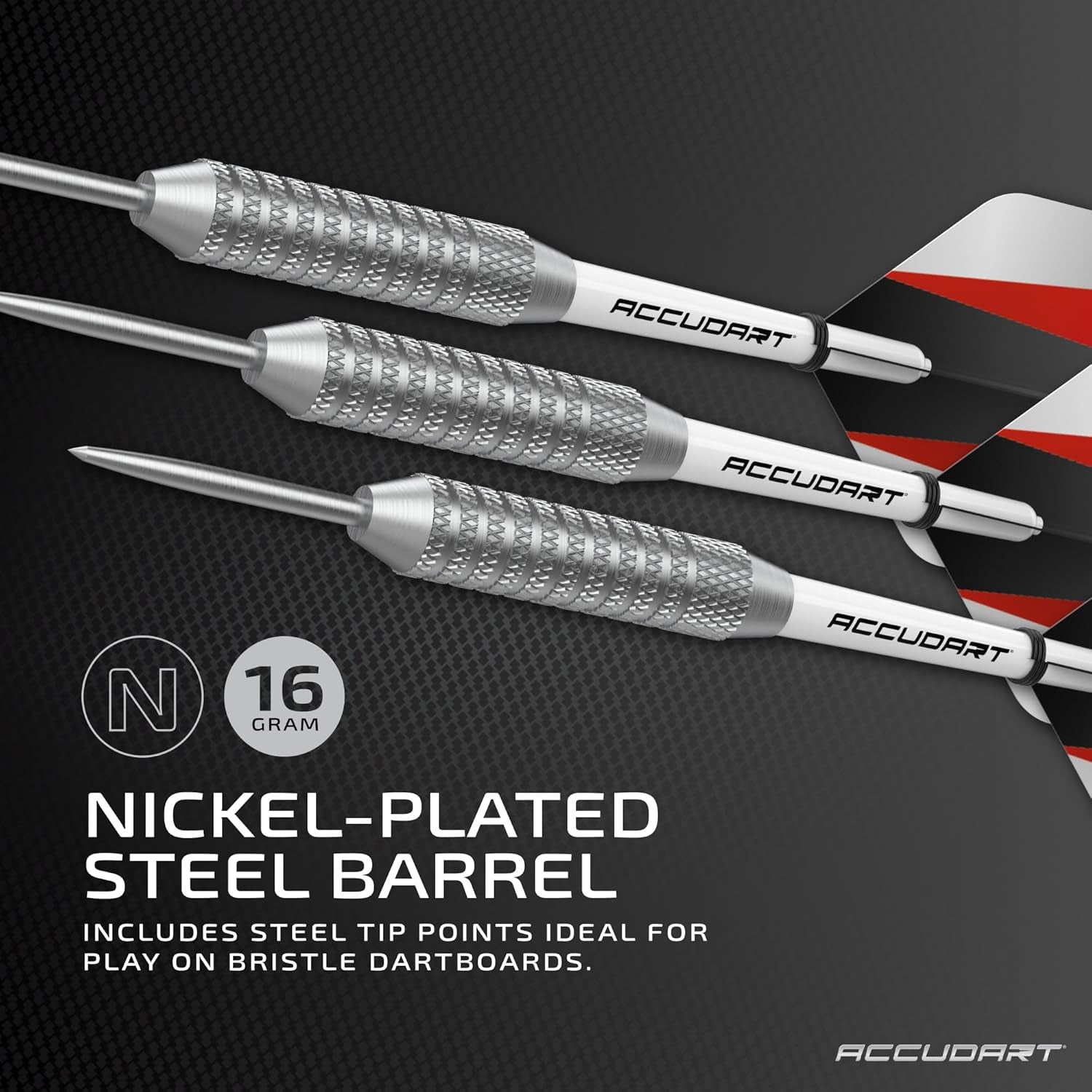 Steel Tip Dart Set 1.0 - Nickel Plated Steel Barrel - Knurled Patterned Grip - Polycarbonate Shafts - Standard Shape Flights