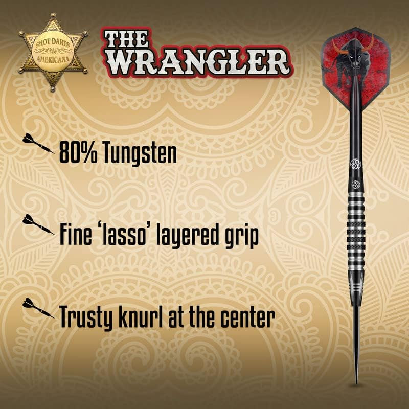 Shot Darts Steel Tip, Americana Wrangler (23g/24g/25g), 80% Tungsten Barrel, Center Balanced, Handcrafted Professional Dart Set & Flights Made in New Zealand, Metal Tip for Bristle Dartboard