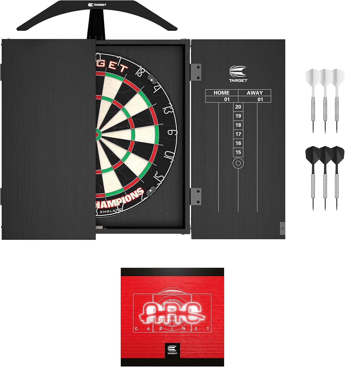 Arc Dartboard Lighting System Home Cabinet Set - Includes World Champions Dartboard and 2 Sets of Darts, Black
