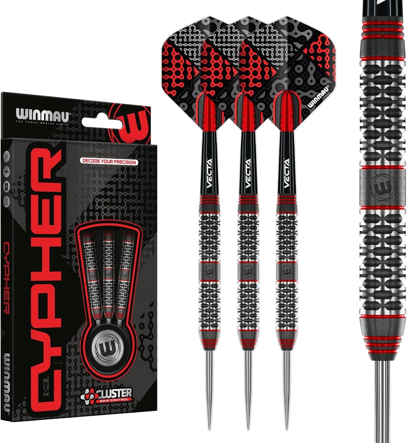 Darts Cypher Series 90% Professional Tungsten Darts Set with Dart Flights and Dart Shafts (Stems) - Available weights 18g Soft Tip 22g, 24g and 26g Steel Tip