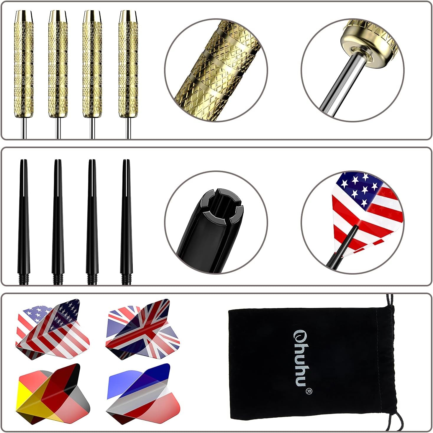 12 Pcs Steel Tip Darts, Professional 17g Metal Darts Set with 4 Style National Flag Flights and 3 Free PVC Darts Stems, Beginner or Professional Darts