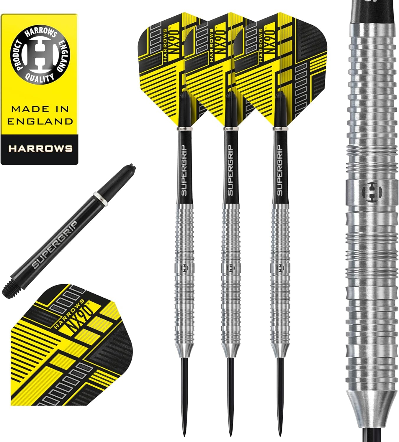 NX90 Bomb & Parallel Shape Darts Set I Professional Darts 90% Tungsten Steel Tip ALL Weights Pro Darts I 10pc Set with Black Supergrip Midi Shafts & NX90 Flights