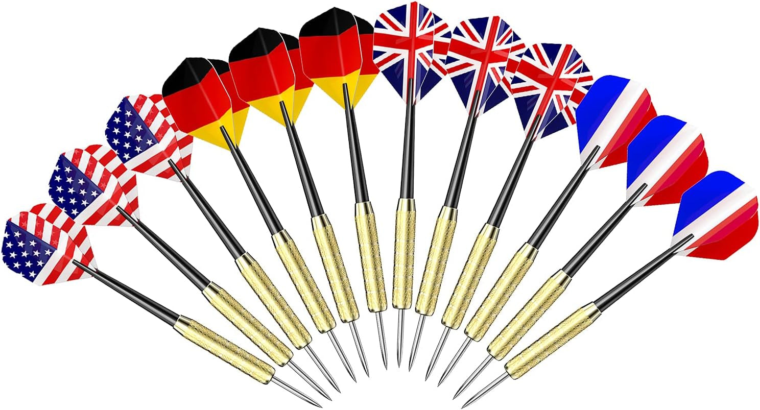 12 Pcs Steel Tip Darts, Professional 17g Metal Darts Set with 4 Style National Flag Flights and 3 Free PVC Darts Stems, Beginner or Professional Darts