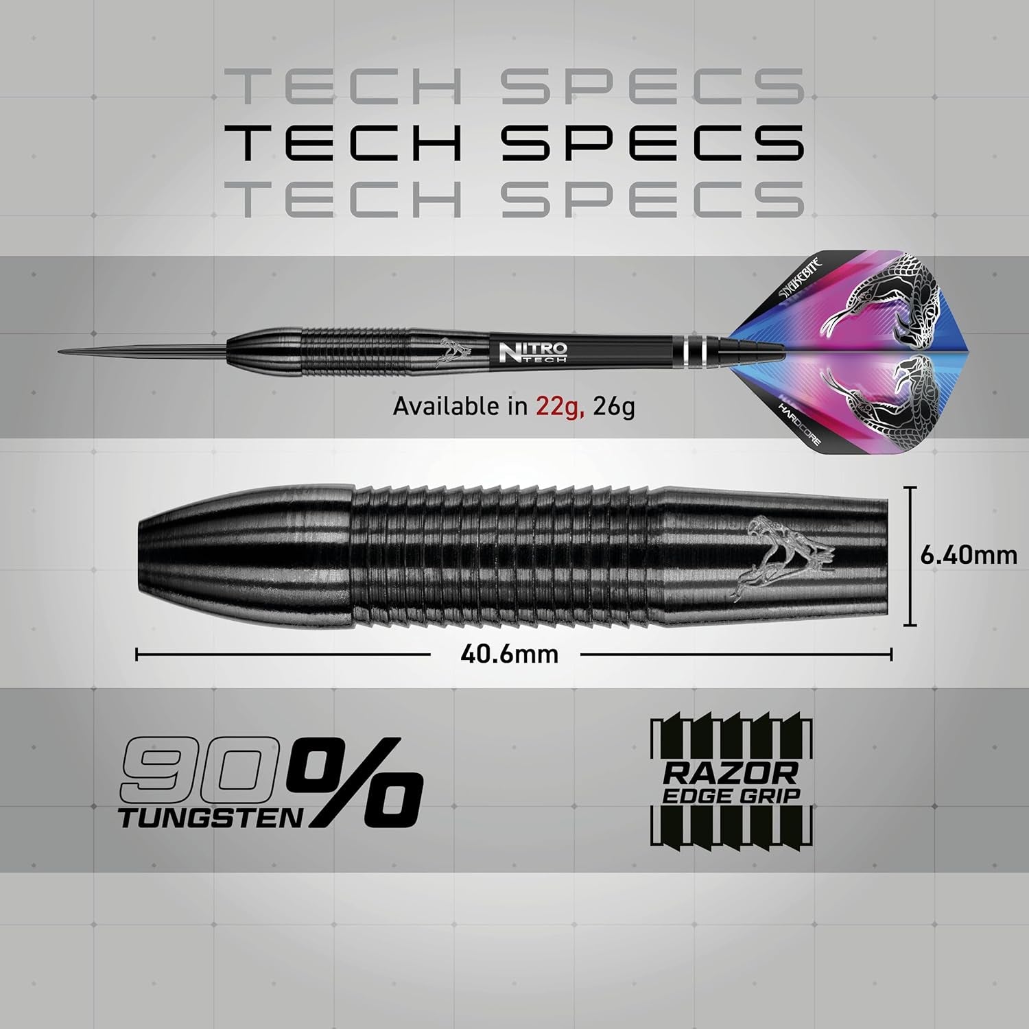Peter Wright Snakebite 3: 22g or 26g Tungsten Darts Set with Flights and Stems