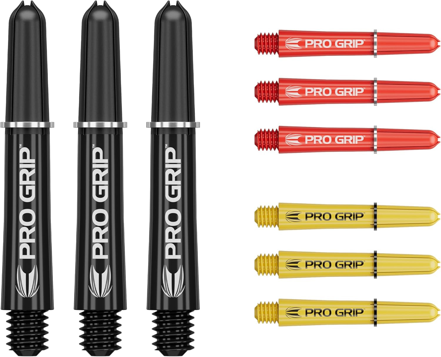 Pro Grip Shafts – Set of 9 | 3 Colours, Multicolour | 3 Size Options (Short, Intermediate, Medium) | Dart Stems, Professional Darts Accessories, 2BA Shaft Multipack with Rings