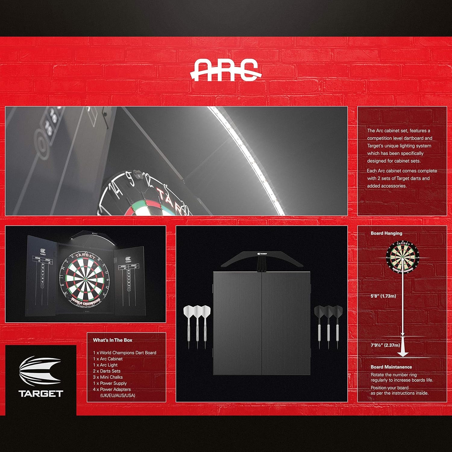 Arc Dartboard Lighting System Home Cabinet Set - Includes World Champions Dartboard and 2 Sets of Darts, Black