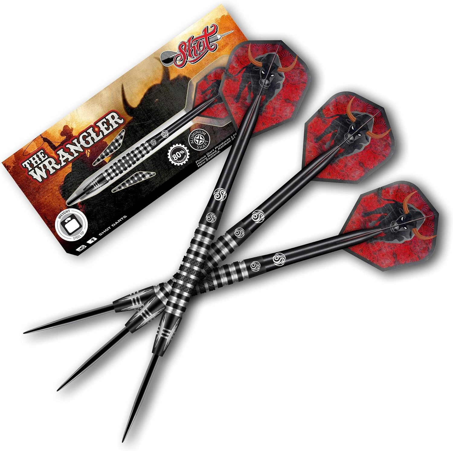 Shot Darts Steel Tip, Americana Wrangler (23g/24g/25g), 80% Tungsten Barrel, Center Balanced, Handcrafted Professional Dart Set & Flights Made in New Zealand, Metal Tip for Bristle Dartboard