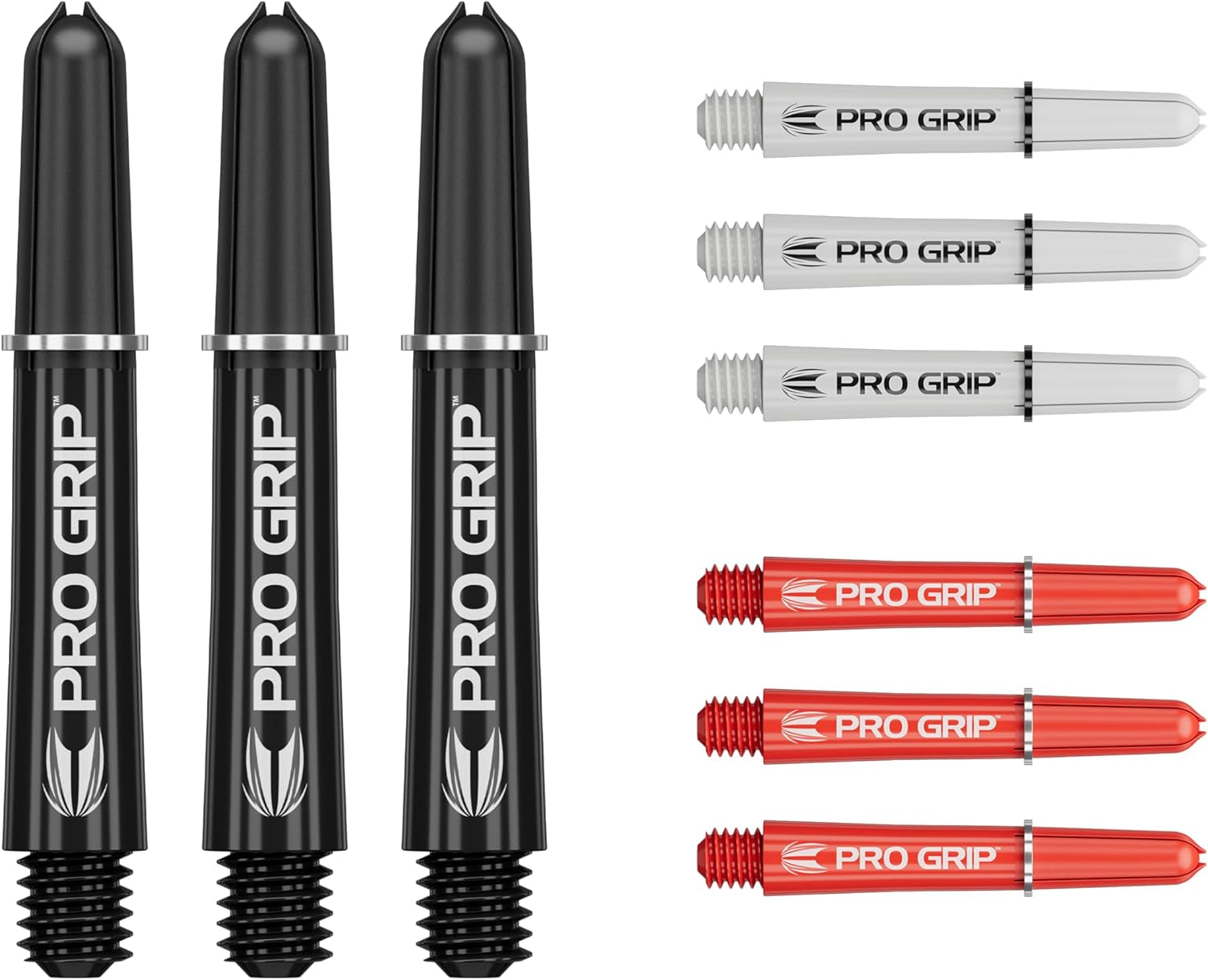 Pro Grip Shafts – Set of 9 | 3 Colours, Multicolour | 3 Size Options (Short, Intermediate, Medium) | Dart Stems, Professional Darts Accessories, 2BA Shaft Multipack with Rings