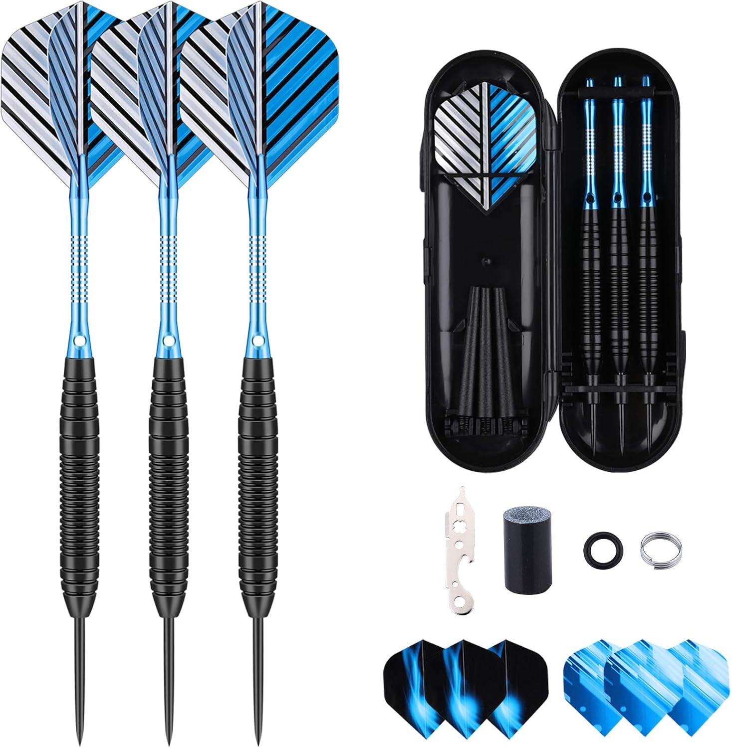 Professional 3 Pack 22g, 23g, 24g, 27g Steel Tip Darts Set With Darts Stems Flights + 50pcs Rubber O-Rings + 12pcs Spring Rings + 1pcs Dart Sharpener Tool for Dart Board
