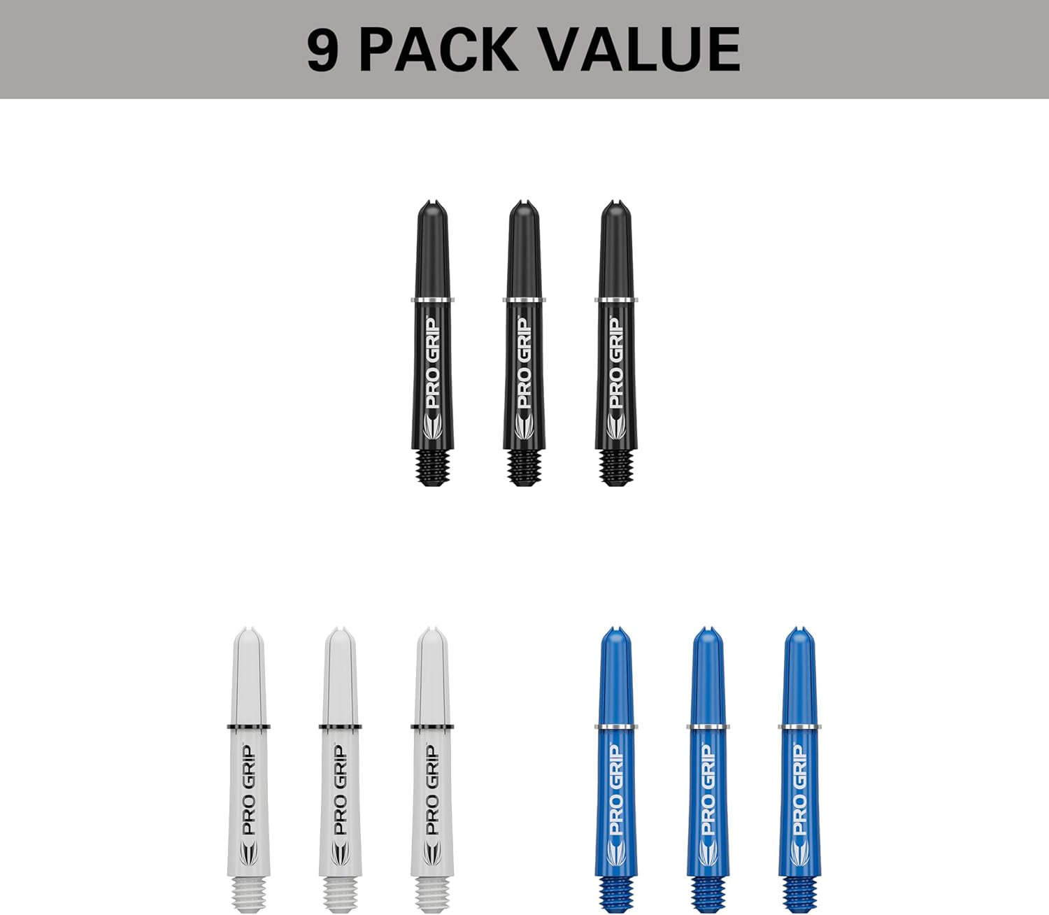 Pro Grip Shafts – Set of 9 | 3 Colours, Multicolour | 3 Size Options (Short, Intermediate, Medium) | Dart Stems, Professional Darts Accessories, 2BA Shaft Multipack with Rings