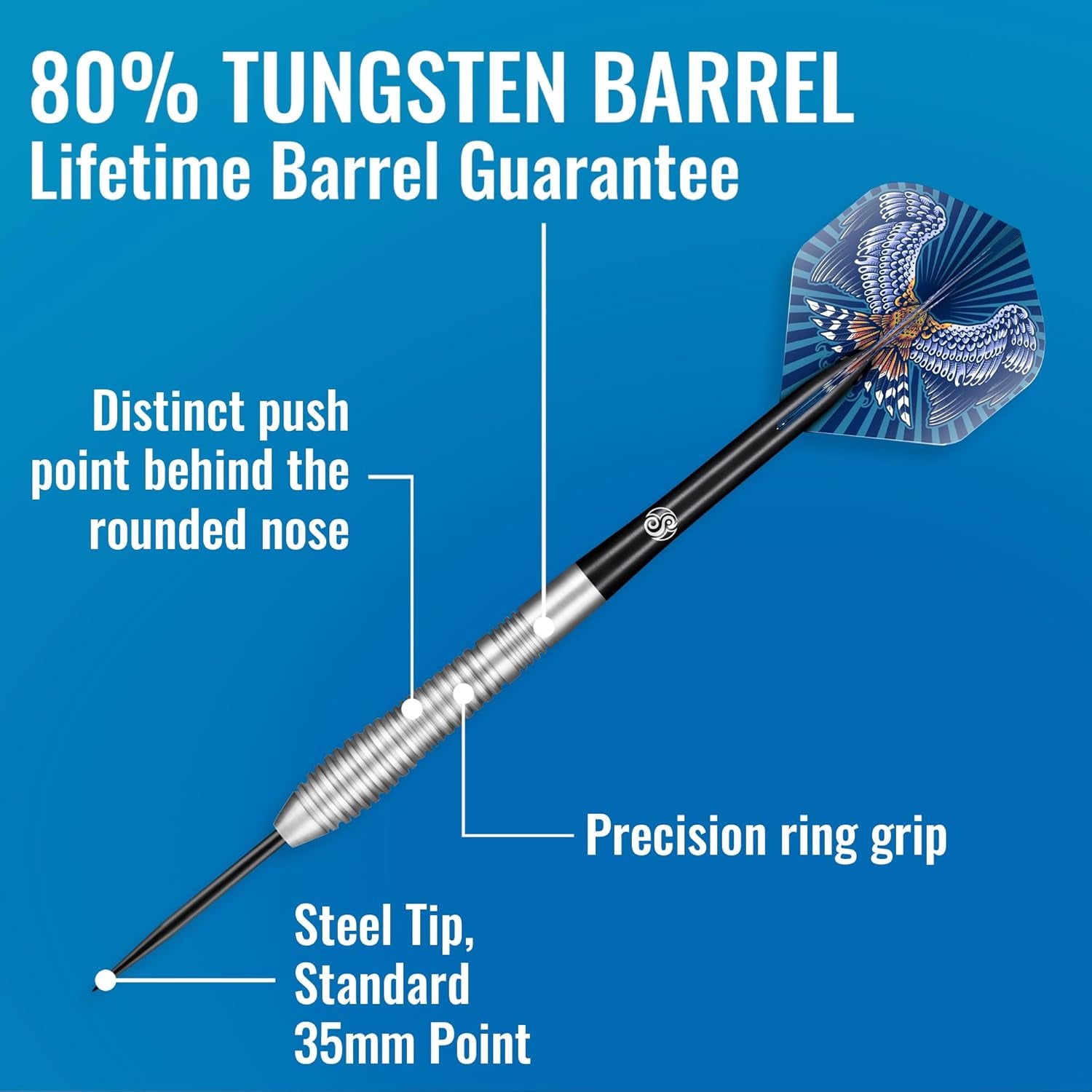 Darts Steel Tip, Birds of Prey Kestrel (23g/24g/25g/27g), 90% Tungsten Barrel, Handcrafted Professional Dart Set & Flights Made in New Zealand, Metal Tip for Bristle Dartboard