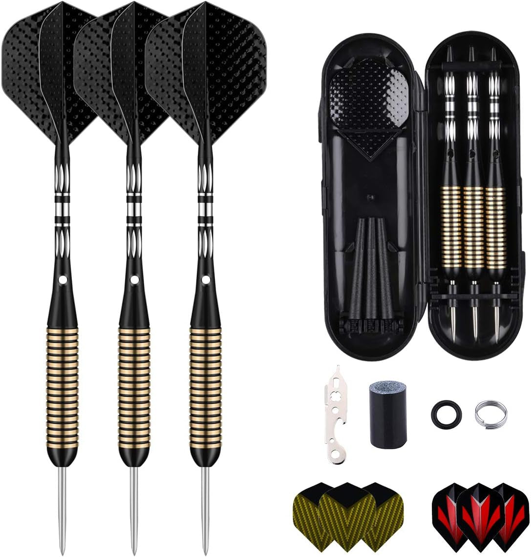 Professional 3 Pack 22g, 23g, 24g, 27g Steel Tip Darts Set With Darts Stems Flights + 50pcs Rubber O-Rings + 12pcs Spring Rings + 1pcs Dart Sharpener Tool for Dart Board