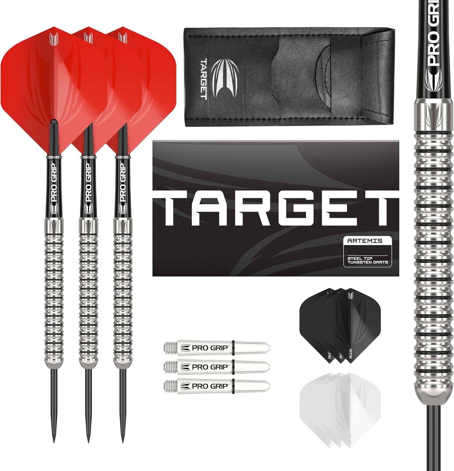 Artemis 21G/22G/23G/24G/25G/26G 80% Tungsten Steel Tip Darts Set | 6 Pro Grip Shafts | 9 Pro Ultra Flights | Dart Wallet Bundle