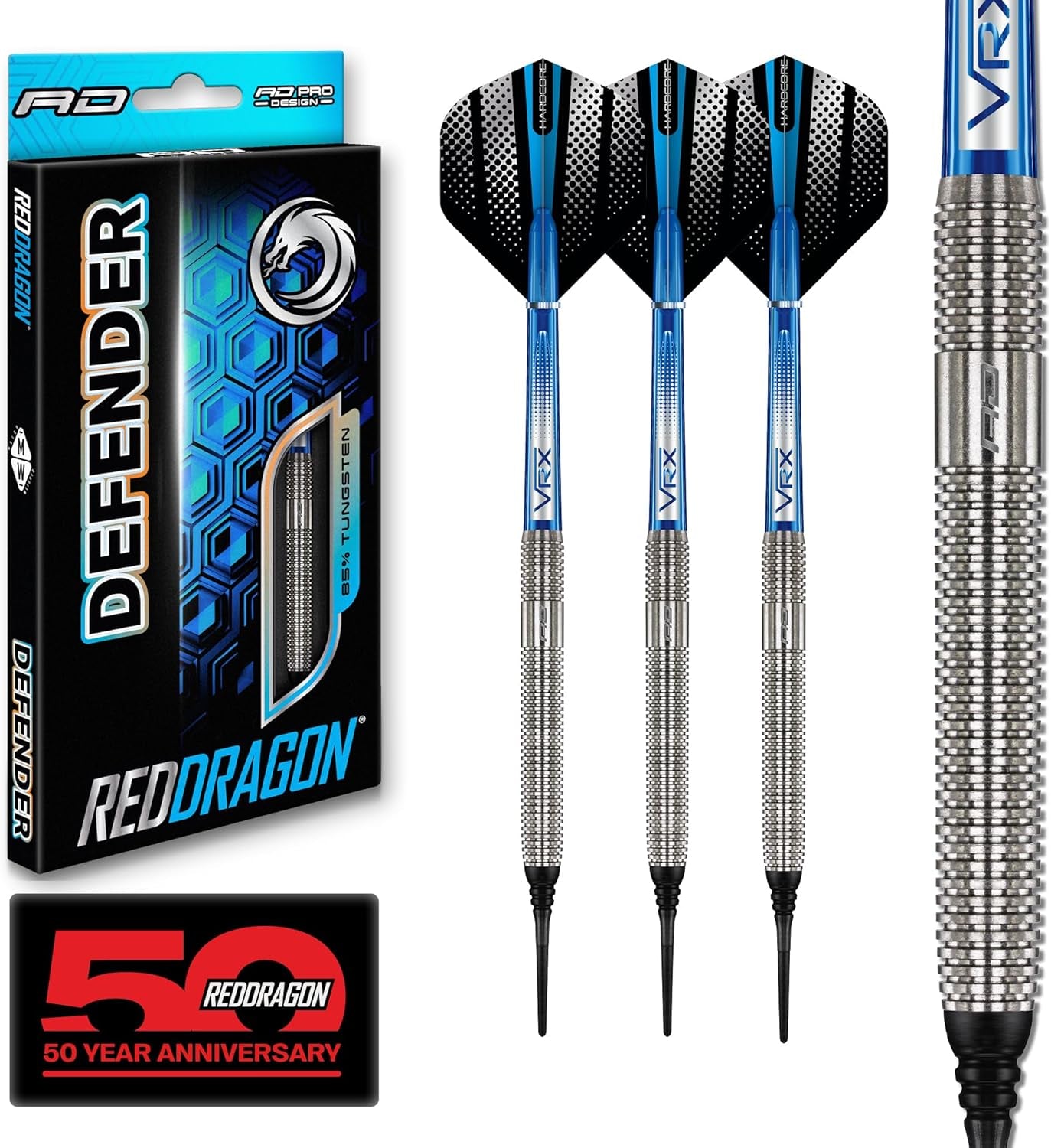 Darts – Defenders Series - Professional 85% Tungsten Darts Set with Dart Flights and Dart Shafts (Stems) - Available in Triton Soft Tip 19g barrel / 21g Full Weight and Steel Tip 22g & 24g
