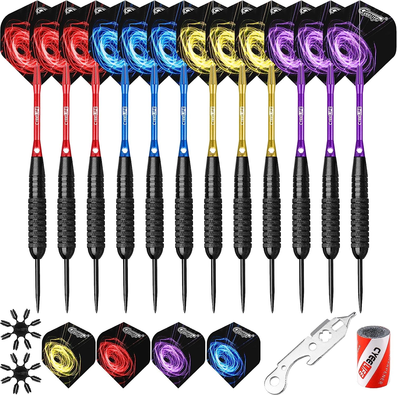 Steel tip Darts set 22/28g with Aluminium Shafts, 16 Protectors, Flights, Sharpener and Tool,12pcs For Beginner