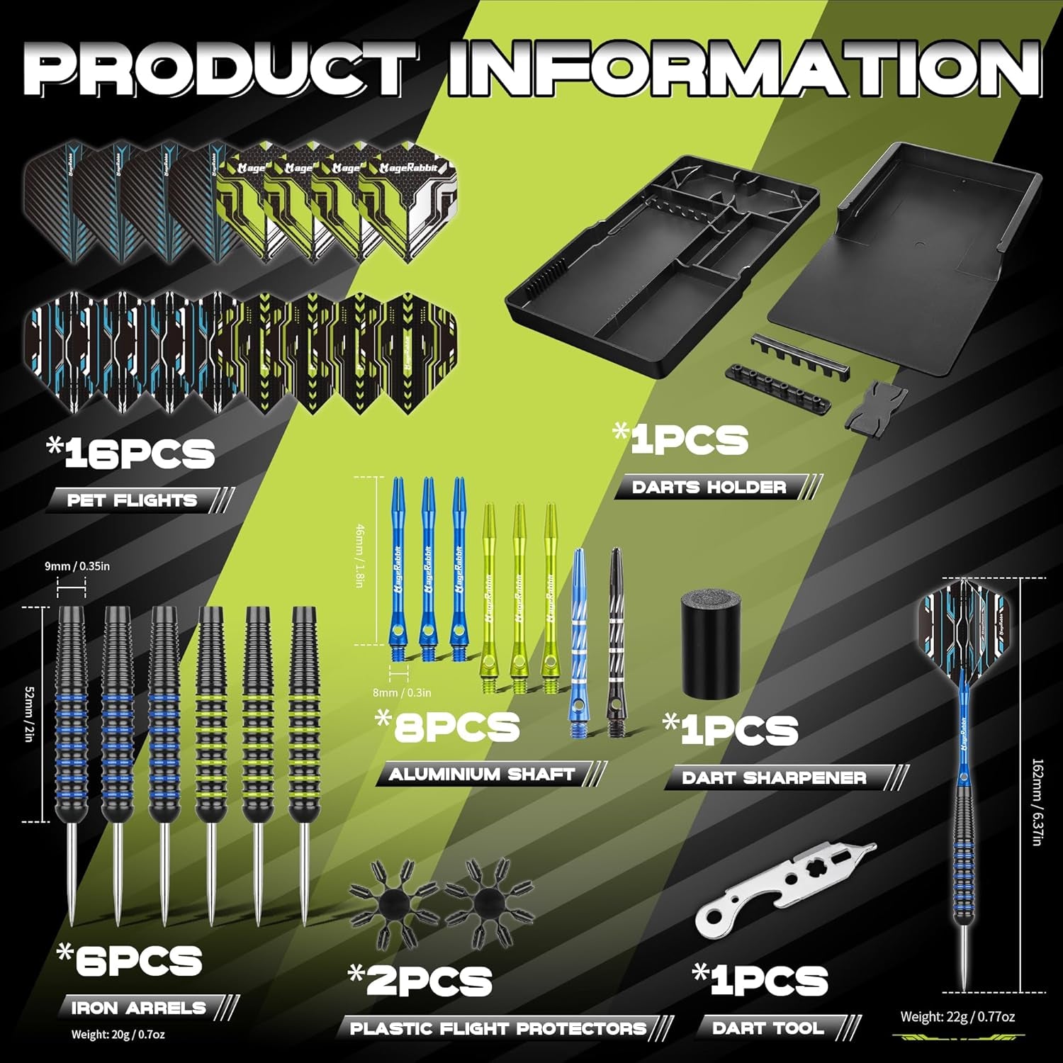 Steel Tip Darts Set 6Pack 22gams,Metal darts with 16pcs dart Flights+8pcs darts shafts+1pcs dart sharpener+2pcs Dart flights protector,Steel Darts Kit