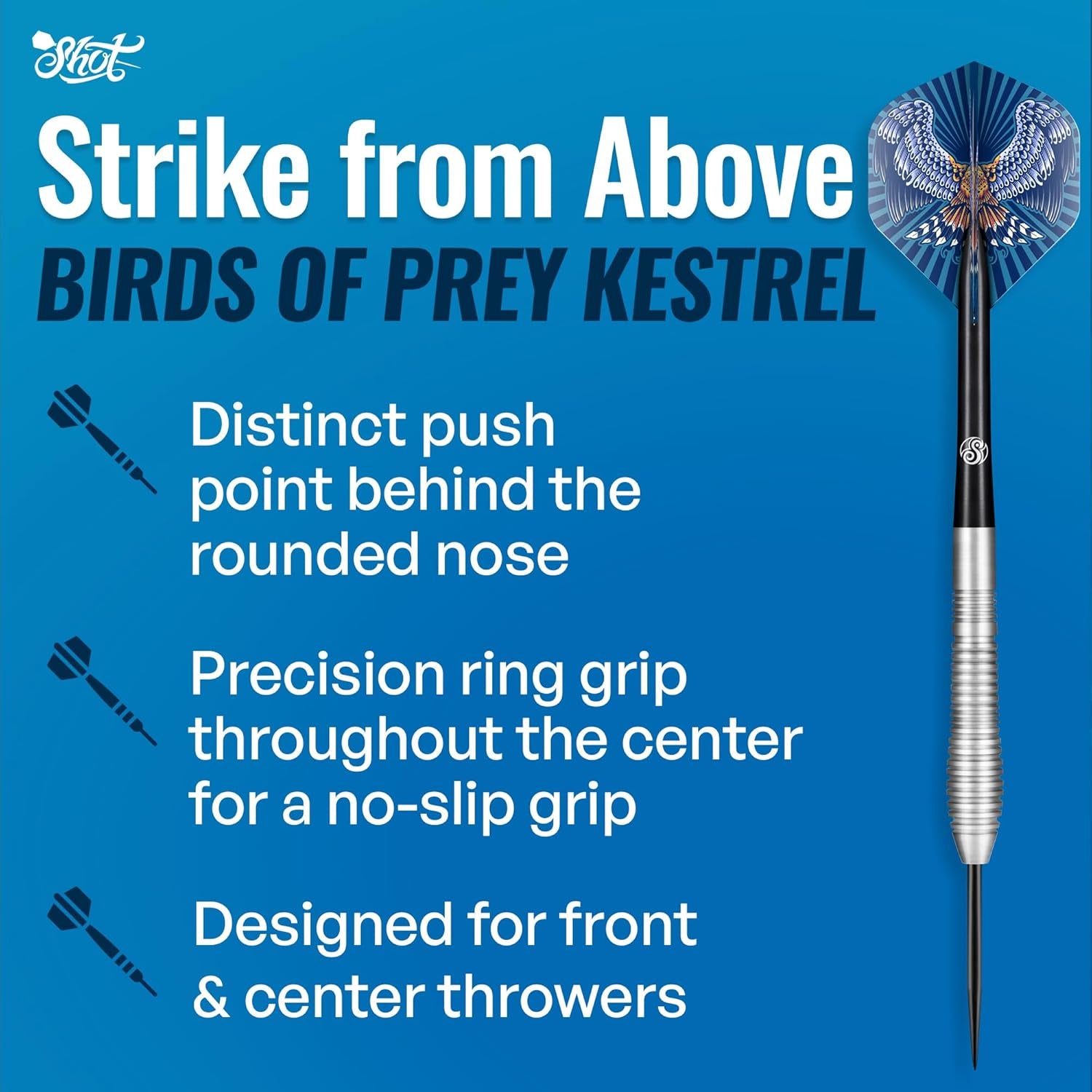 Darts Steel Tip, Birds of Prey Kestrel (23g/24g/25g/27g), 90% Tungsten Barrel, Handcrafted Professional Dart Set & Flights Made in New Zealand, Metal Tip for Bristle Dartboard