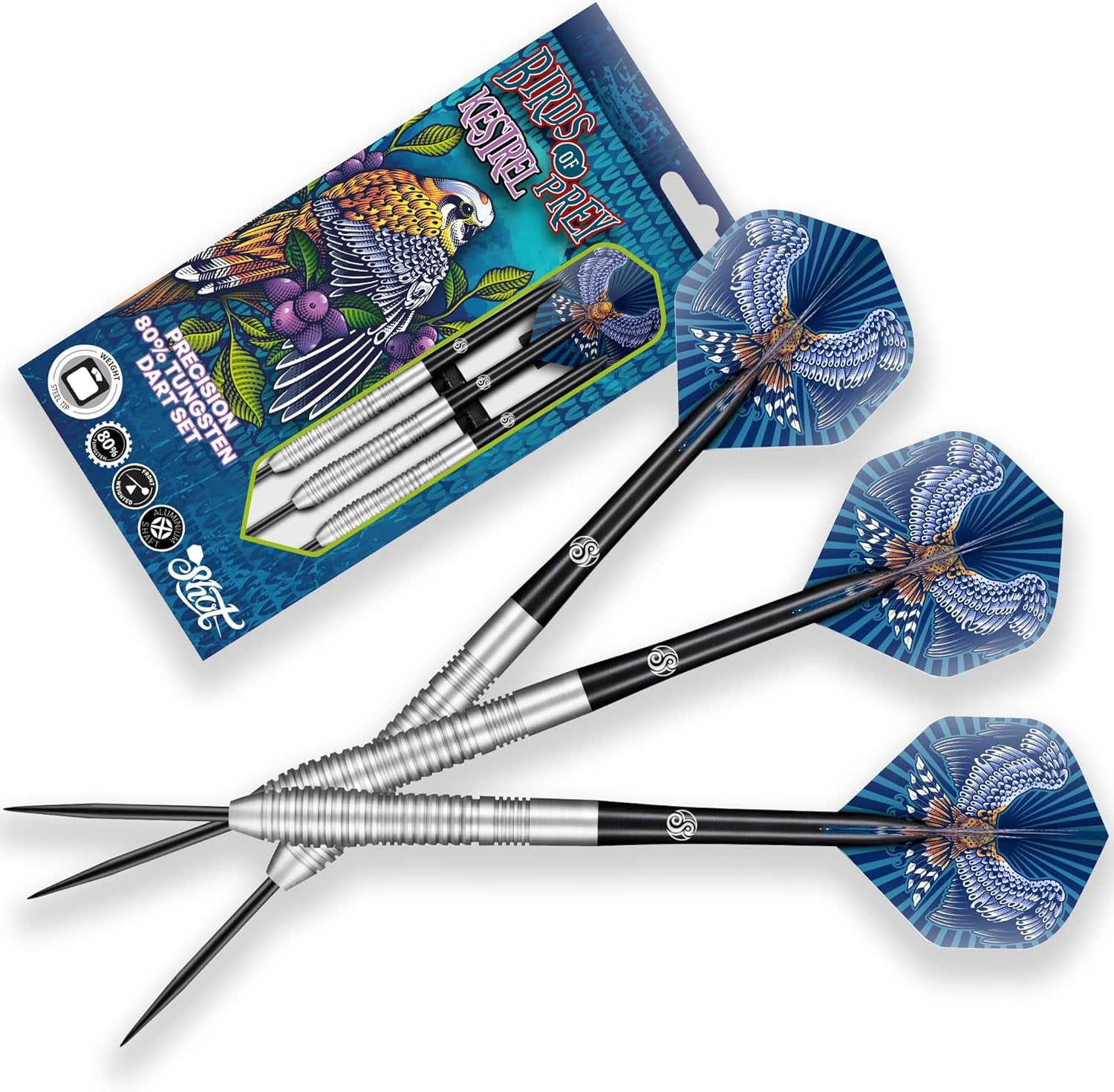Darts Steel Tip, Birds of Prey Kestrel (23g/24g/25g/27g), 90% Tungsten Barrel, Handcrafted Professional Dart Set & Flights Made in New Zealand, Metal Tip for Bristle Dartboard