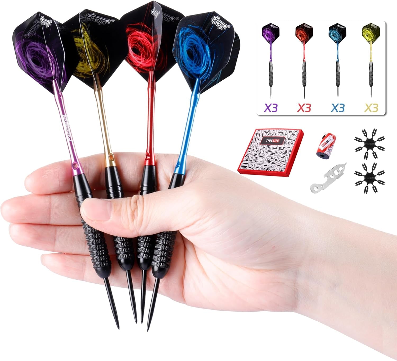 Steel tip Darts set 22/28g with Aluminium Shafts, 16 Protectors, Flights, Sharpener and Tool,12pcs For Beginner