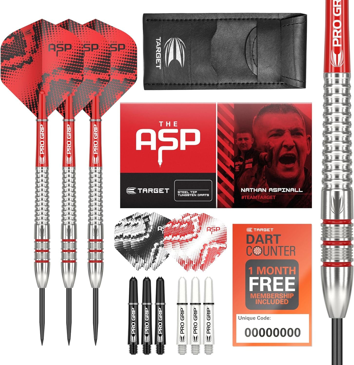 Nathan Aspinall 22G/23G/24G Tungsten Steel Tip Darts Set - 9 Pro Grip Shafts - 9 Pro Ultra Flights – Dart Wallet Bundle