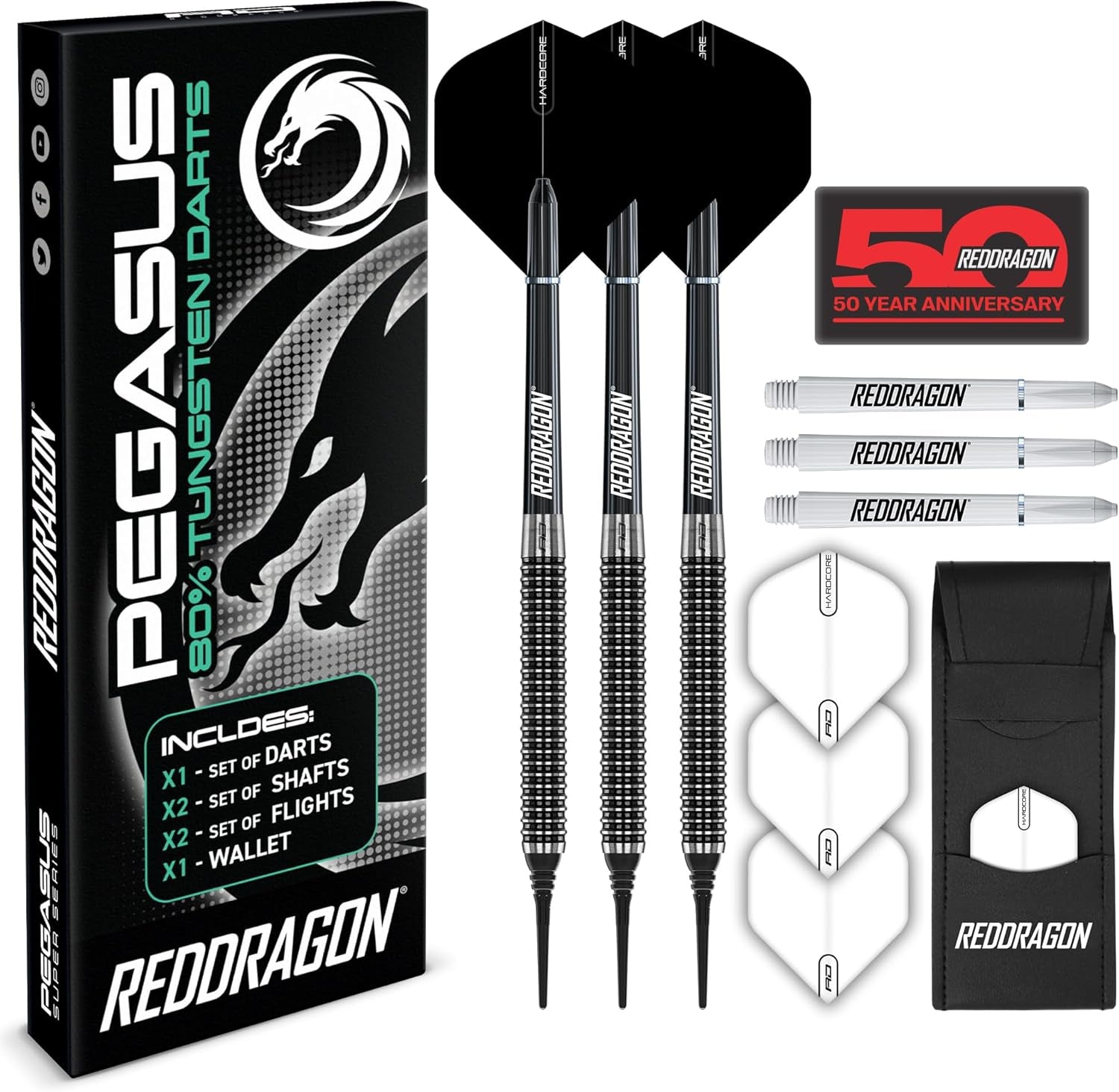 Pegasus Tungsten Softip Darts Set 18g, 20g with Flights, Stems and Wallet