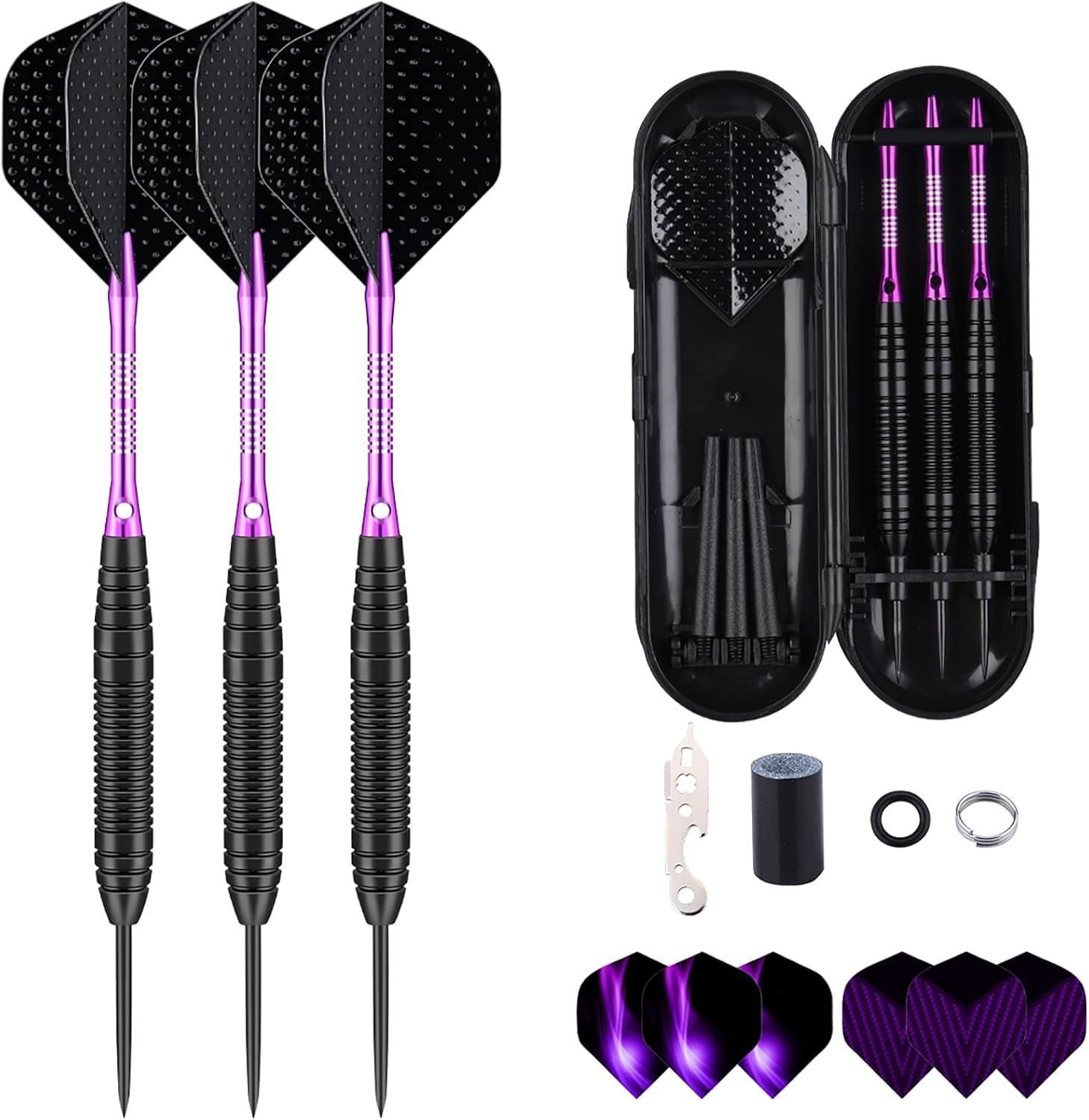 Professional 3 Pack 22g, 23g, 24g, 27g Steel Tip Darts Set With Darts Stems Flights + 50pcs Rubber O-Rings + 12pcs Spring Rings + 1pcs Dart Sharpener Tool for Dart Board