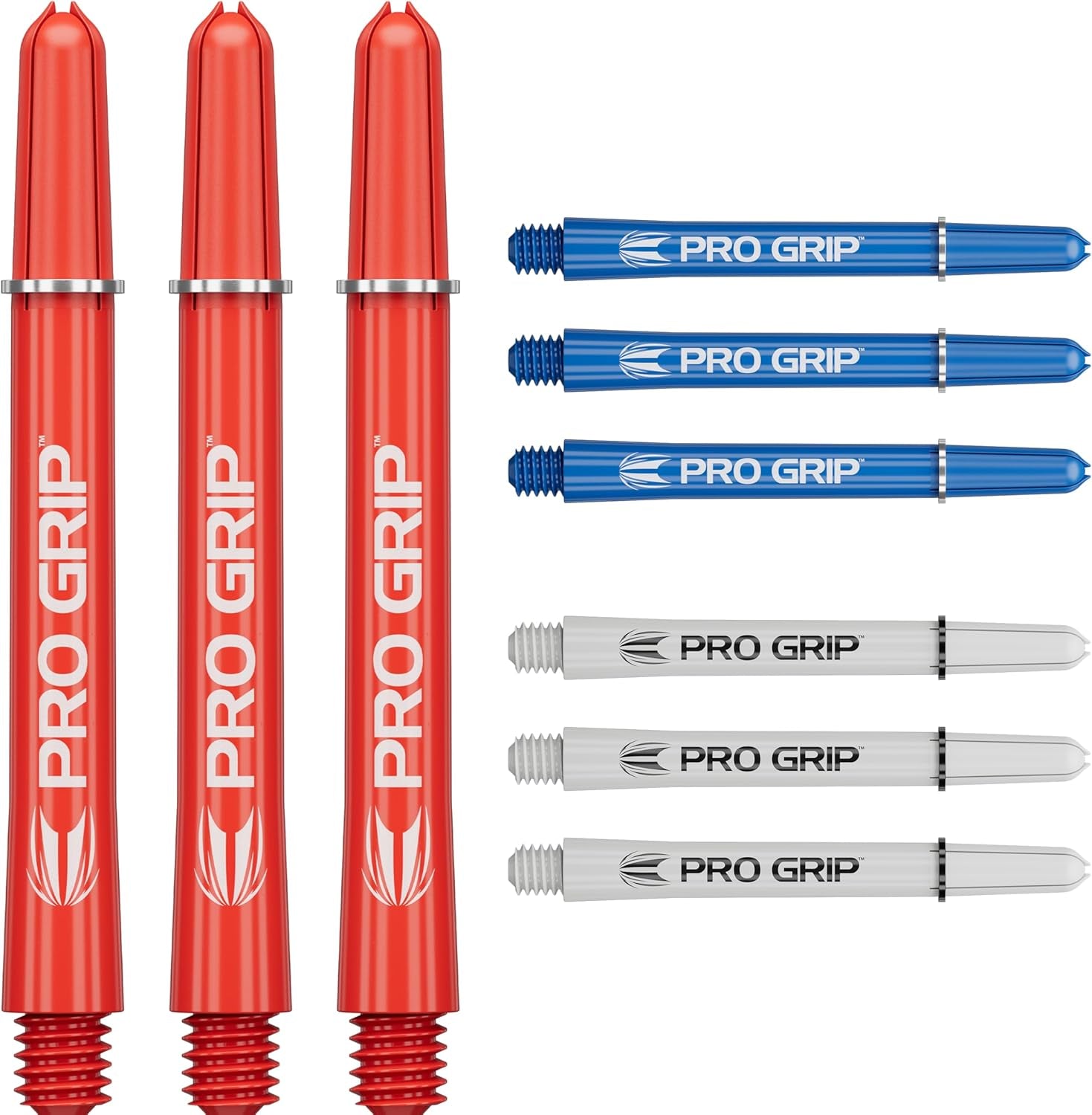Pro Grip Shafts – Set of 9 | 3 Colours, Multicolour | 3 Size Options (Short, Intermediate, Medium) | Dart Stems, Professional Darts Accessories, 2BA Shaft Multipack with Rings