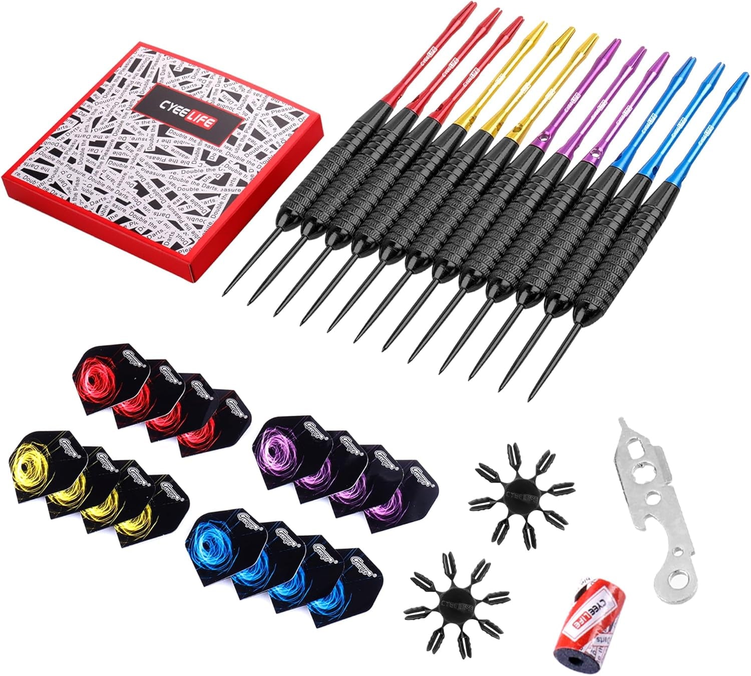 Steel tip Darts set 22/28g with Aluminium Shafts, 16 Protectors, Flights, Sharpener and Tool,12pcs For Beginner