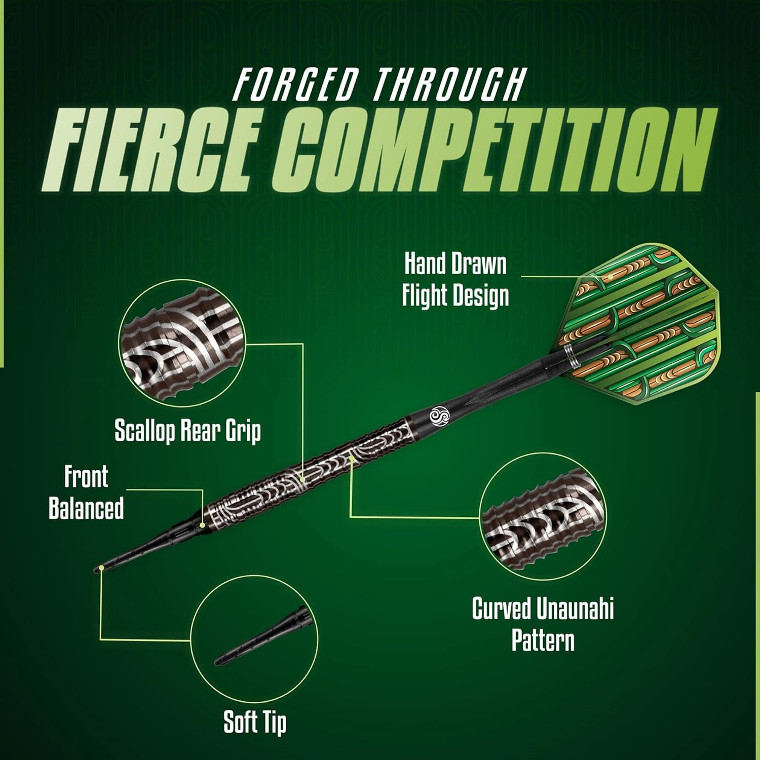 Darts Soft Tip, Warrior Rutene (18g/20g) 90% Tungsten, Front Balanced with Secure grip, Hand Drawn Design, Handcrafted Professional Dart Set and Flights Made in New Zealand, Plastic Tip Bar Darts