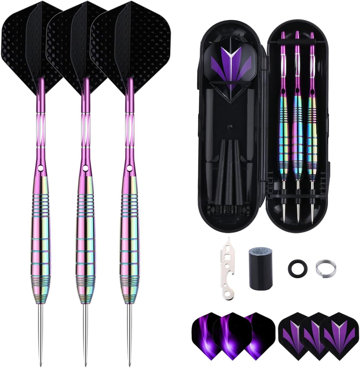 Professional 3 Pack 22g, 23g, 24g, 27g Steel Tip Darts Set With Darts Stems Flights + 50pcs Rubber O-Rings + 12pcs Spring Rings + 1pcs Dart Sharpener Tool for Dart Board