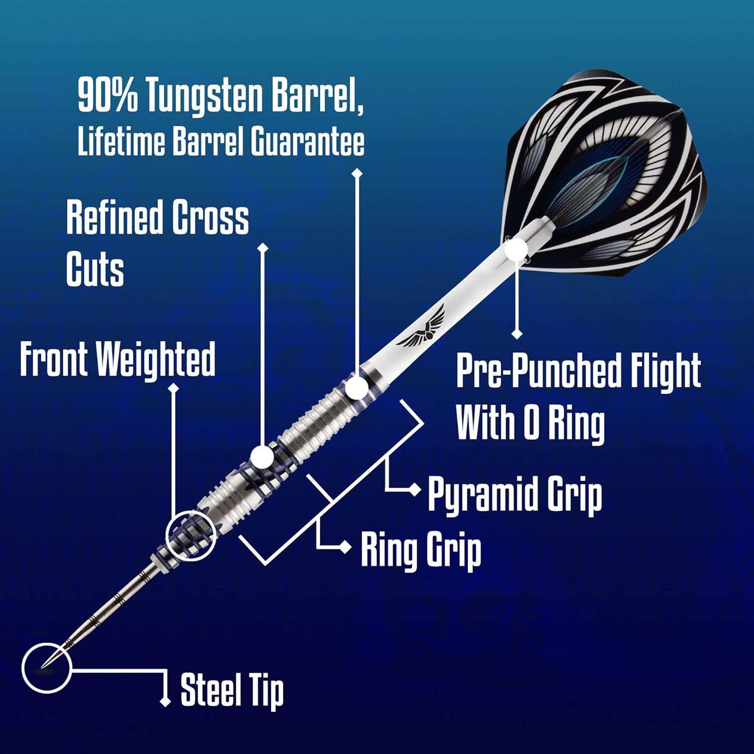 Darts Birds of Prey Falcon-Steel Tip Dart Set-Front Weighted-90% Tungsten Barrels