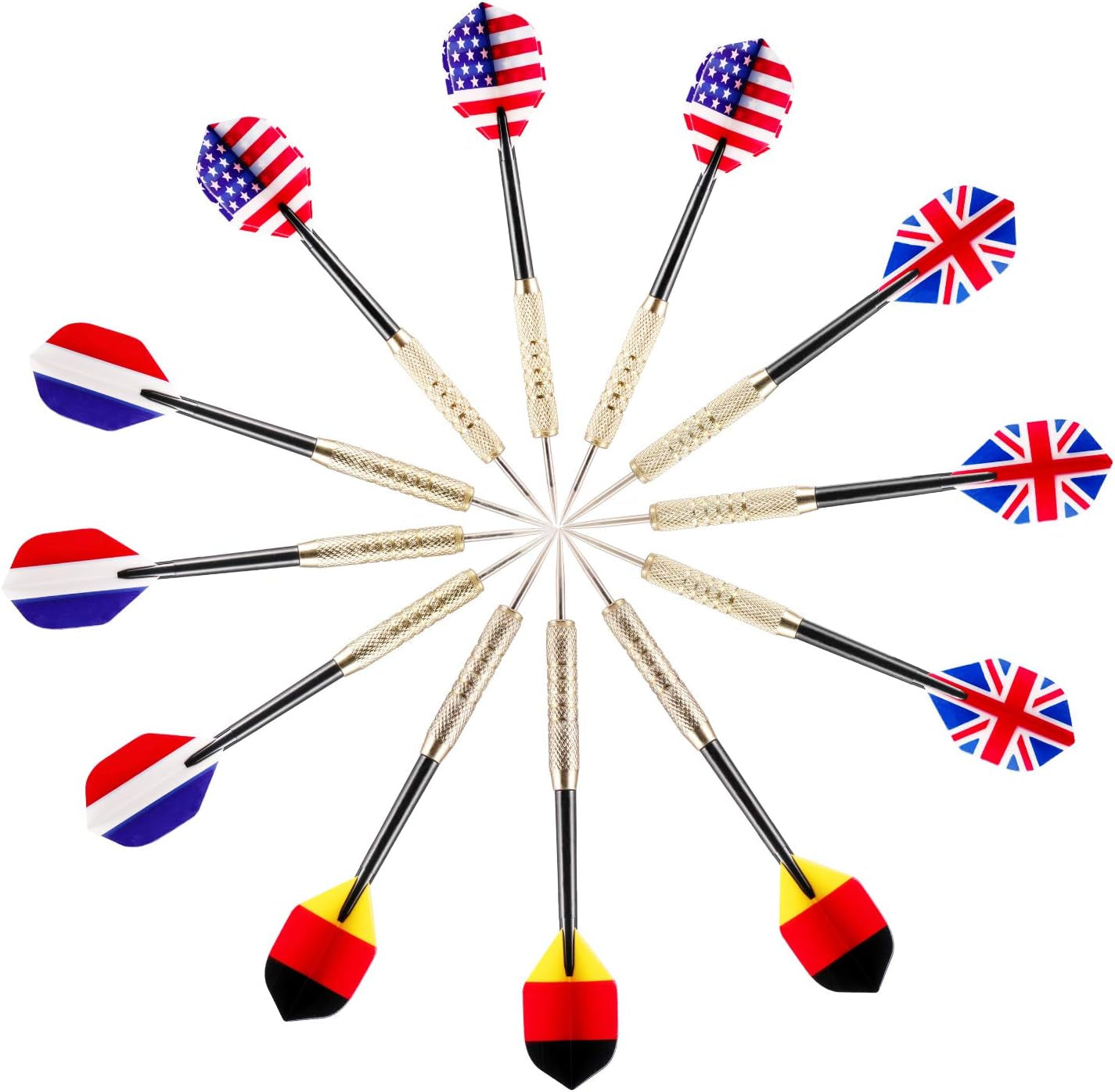 12 Pcs Steel Tip Darts, Professional 17g Metal Darts Set with 4 Style National Flag Flights and 3 Free PVC Darts Stems, Beginner or Professional Darts