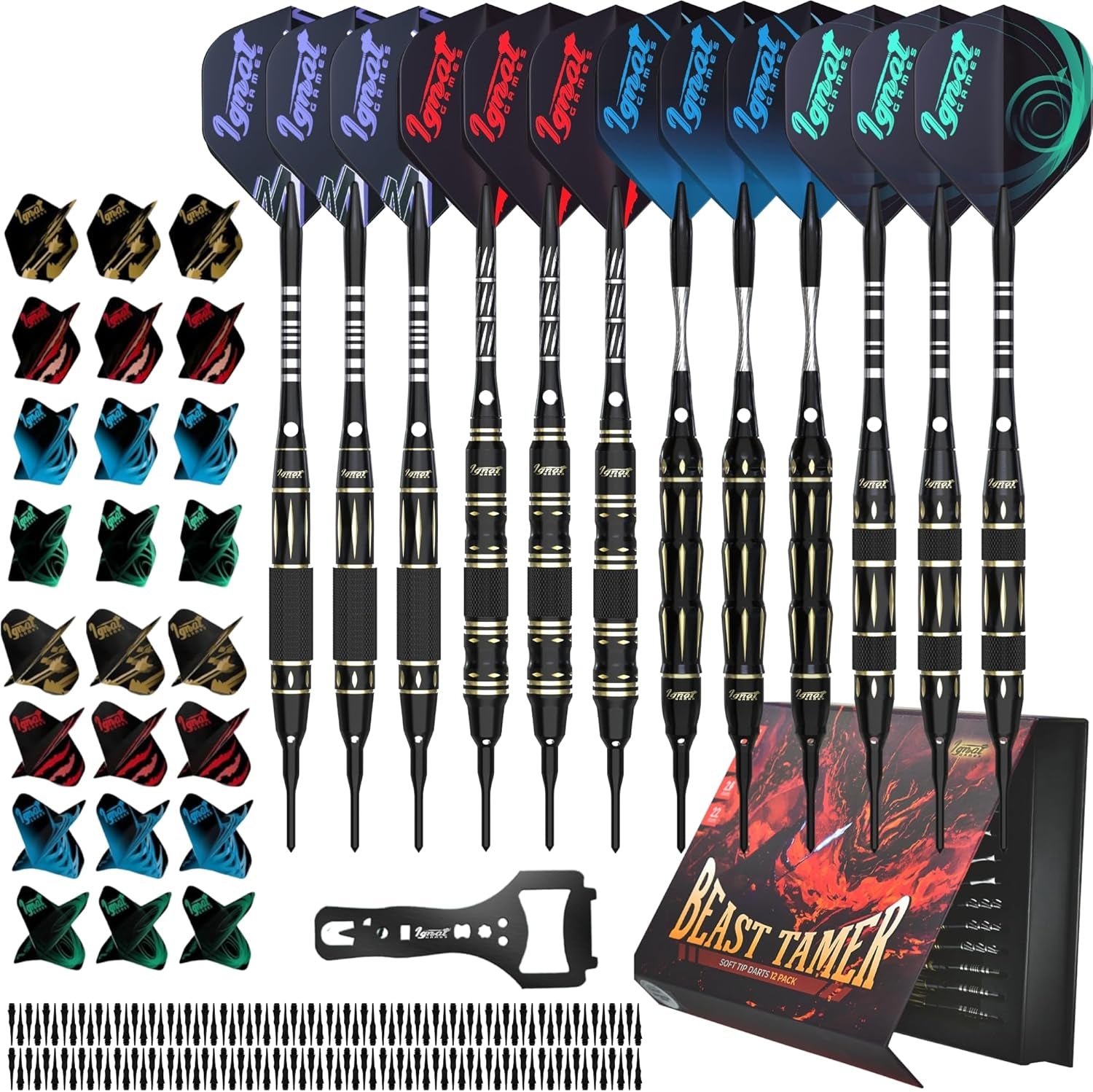 Plastic Dart Tip Sets - Soft Tip Darts for Electronic Dartboards with Aluminium Shafts, 100 Dart Tips and 16 Flights (16 g Hound of Hades)