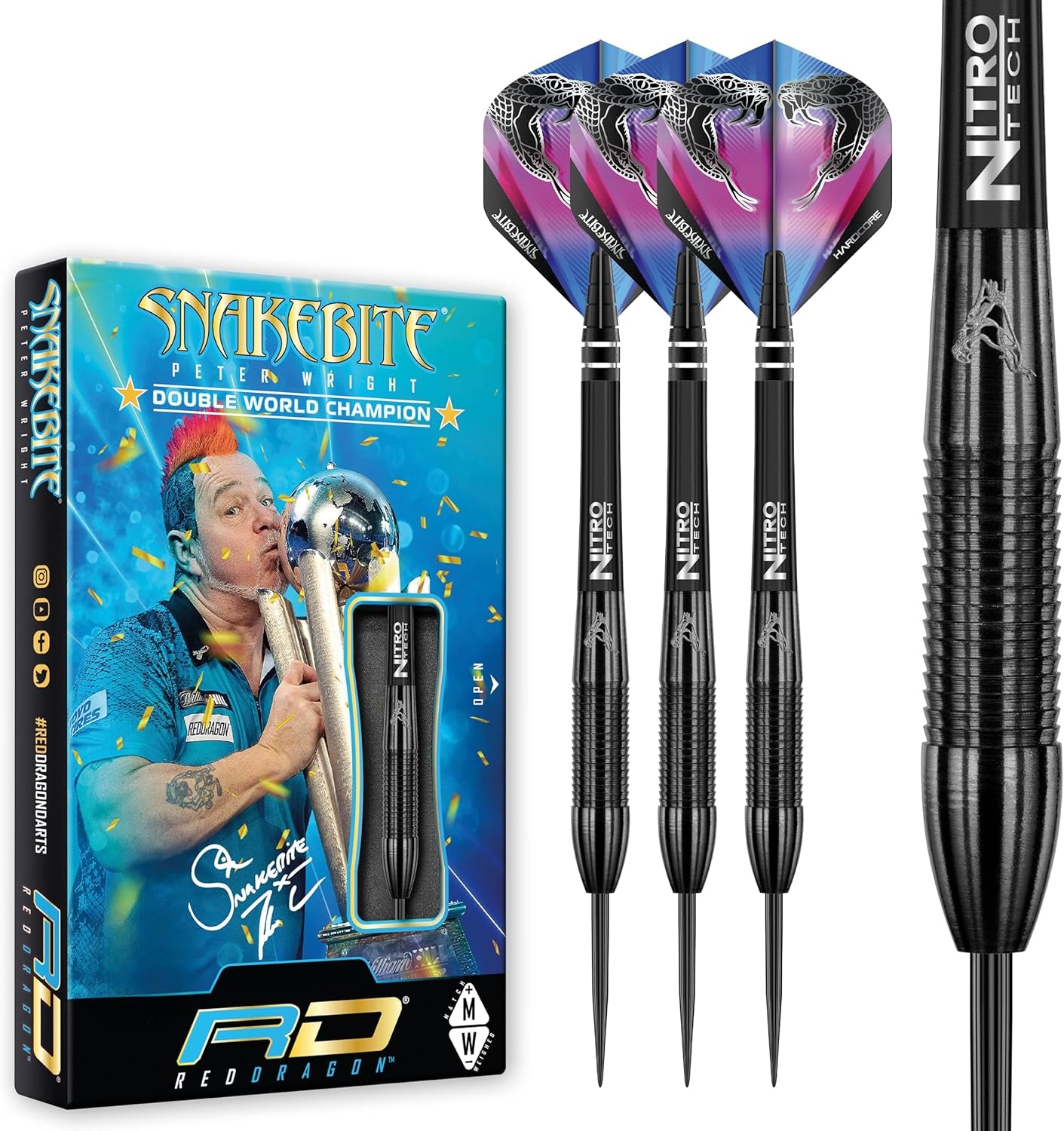 Peter Wright Snakebite 3: 22g or 26g Tungsten Darts Set with Flights and Stems