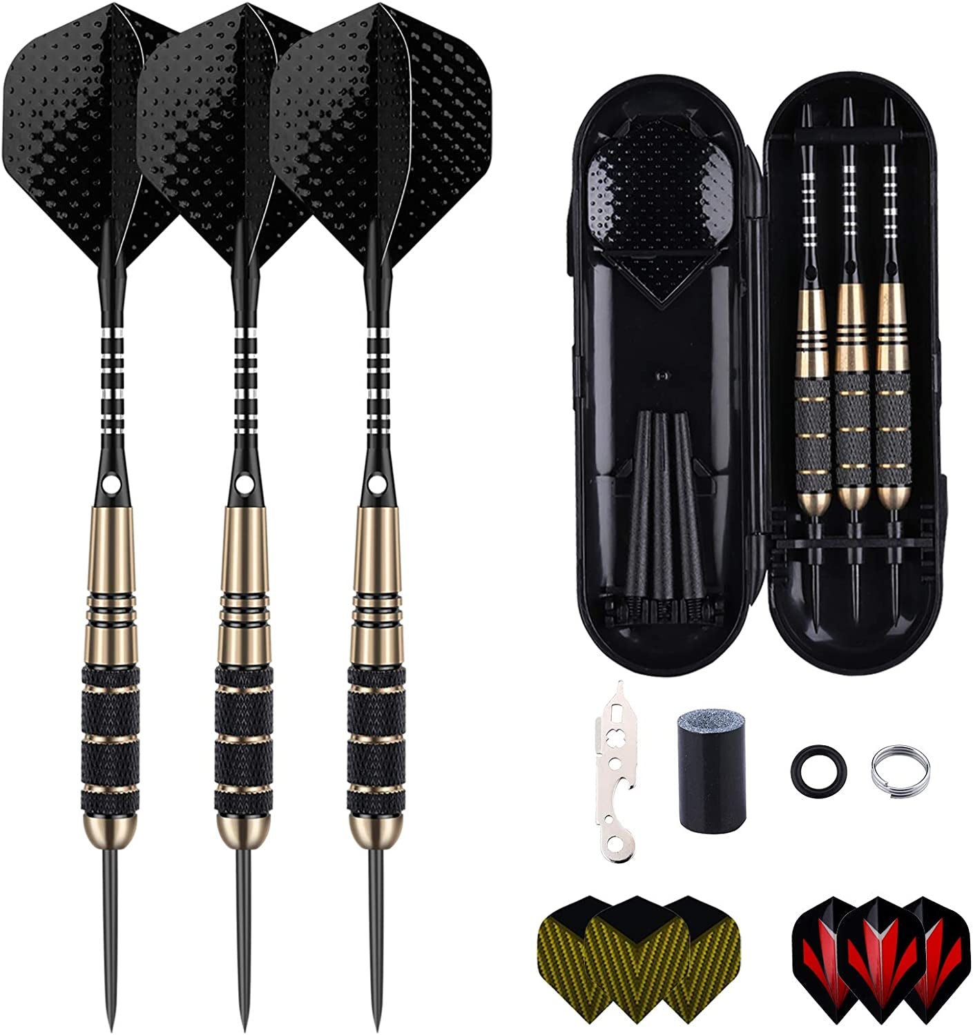 Professional 3 Pack 22g, 23g, 24g, 27g Steel Tip Darts Set With Darts Stems Flights + 50pcs Rubber O-Rings + 12pcs Spring Rings + 1pcs Dart Sharpener Tool for Dart Board