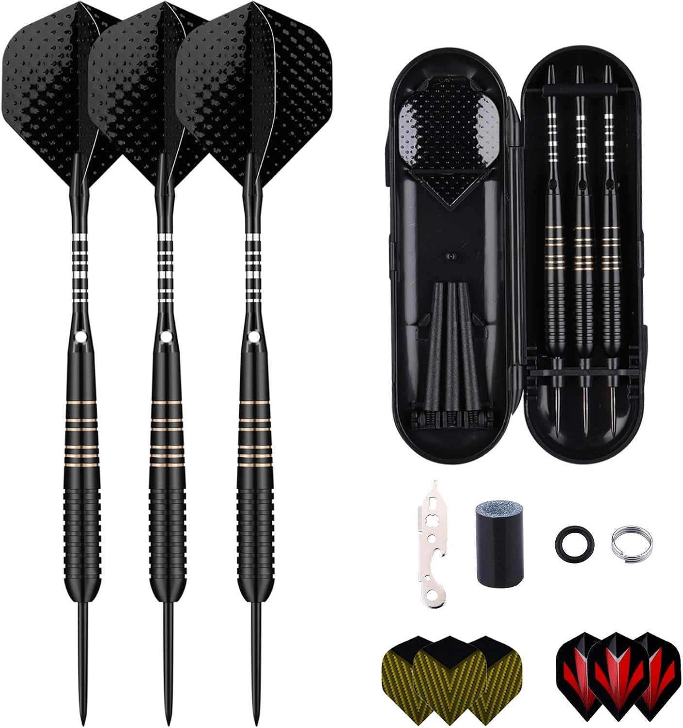 Professional 3 Pack 22g, 23g, 24g, 27g Steel Tip Darts Set With Darts Stems Flights + 50pcs Rubber O-Rings + 12pcs Spring Rings + 1pcs Dart Sharpener Tool for Dart Board