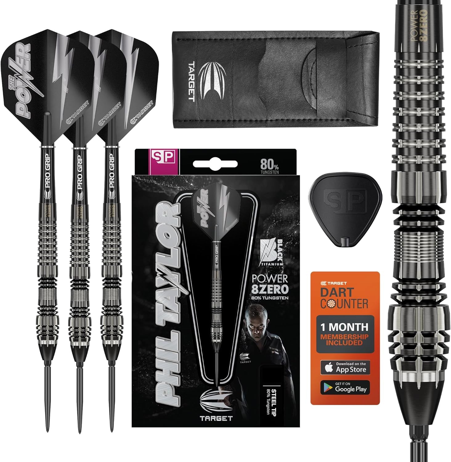 Phil Taylor Power 8-Zero 4 Black Steel Tip Darts, 80% Tungsten Dart Set, P8Z4, 21G/23G/25G | Player Edition Darts with Swiss Point Tips or Fixed Points | Black Darts Case Included