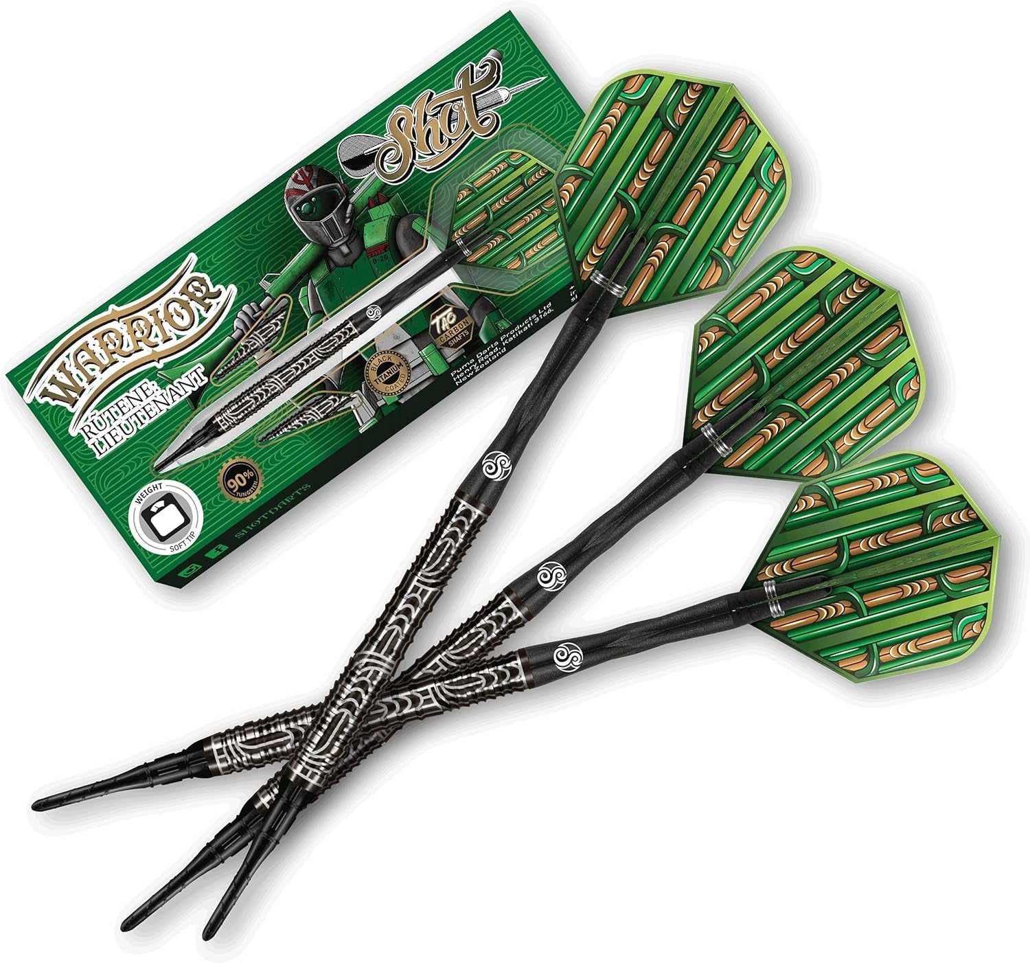 Darts Soft Tip, Warrior Rutene (18g/20g) 90% Tungsten, Front Balanced with Secure grip, Hand Drawn Design, Handcrafted Professional Dart Set and Flights Made in New Zealand, Plastic Tip Bar Darts