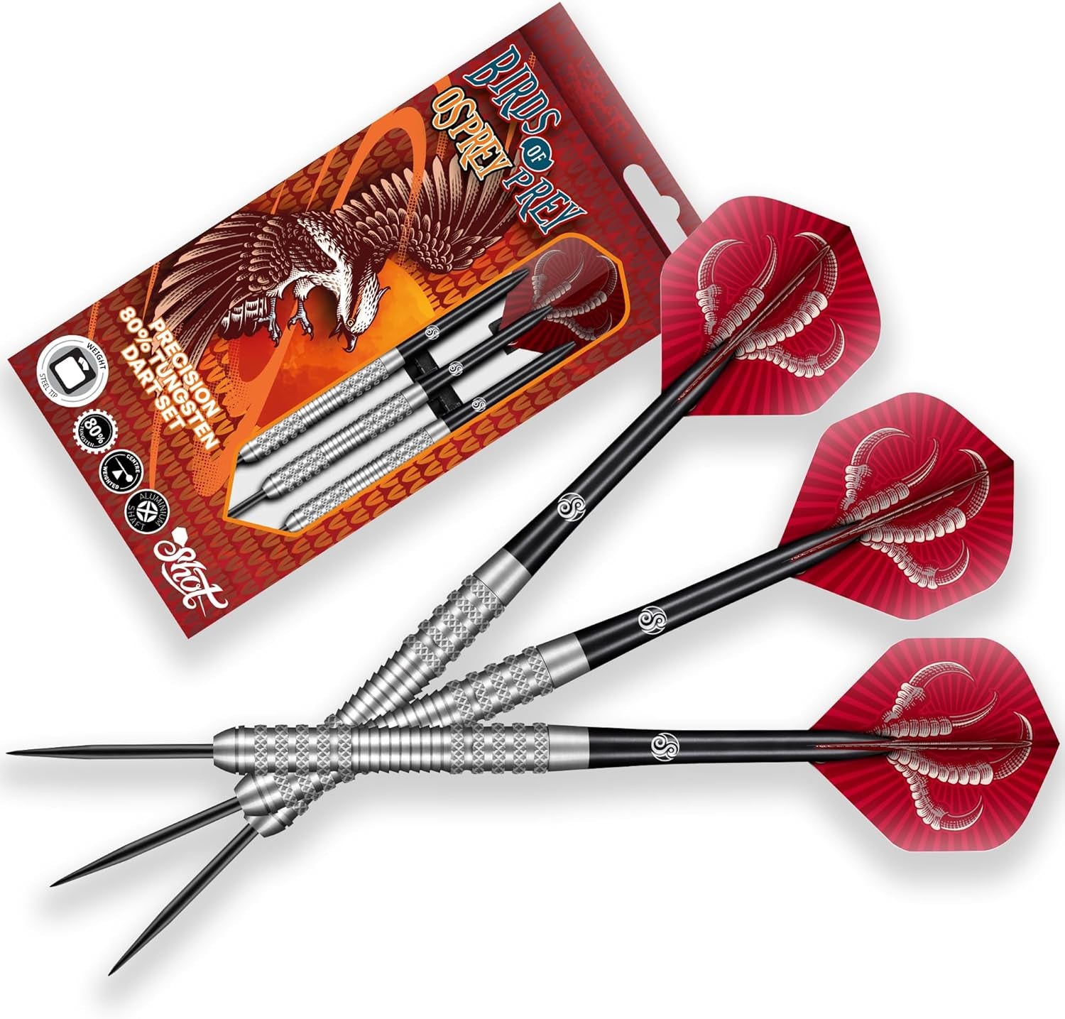 Darts Steel Tip, Birds of Prey Osprey (23g/24g/26g/28g), 90% Tungsten Barrel, Center Weighted, Handcrafted Professional Dart Set & Flights Made in New Zealand, Metal Tip for Bristle Dartboard