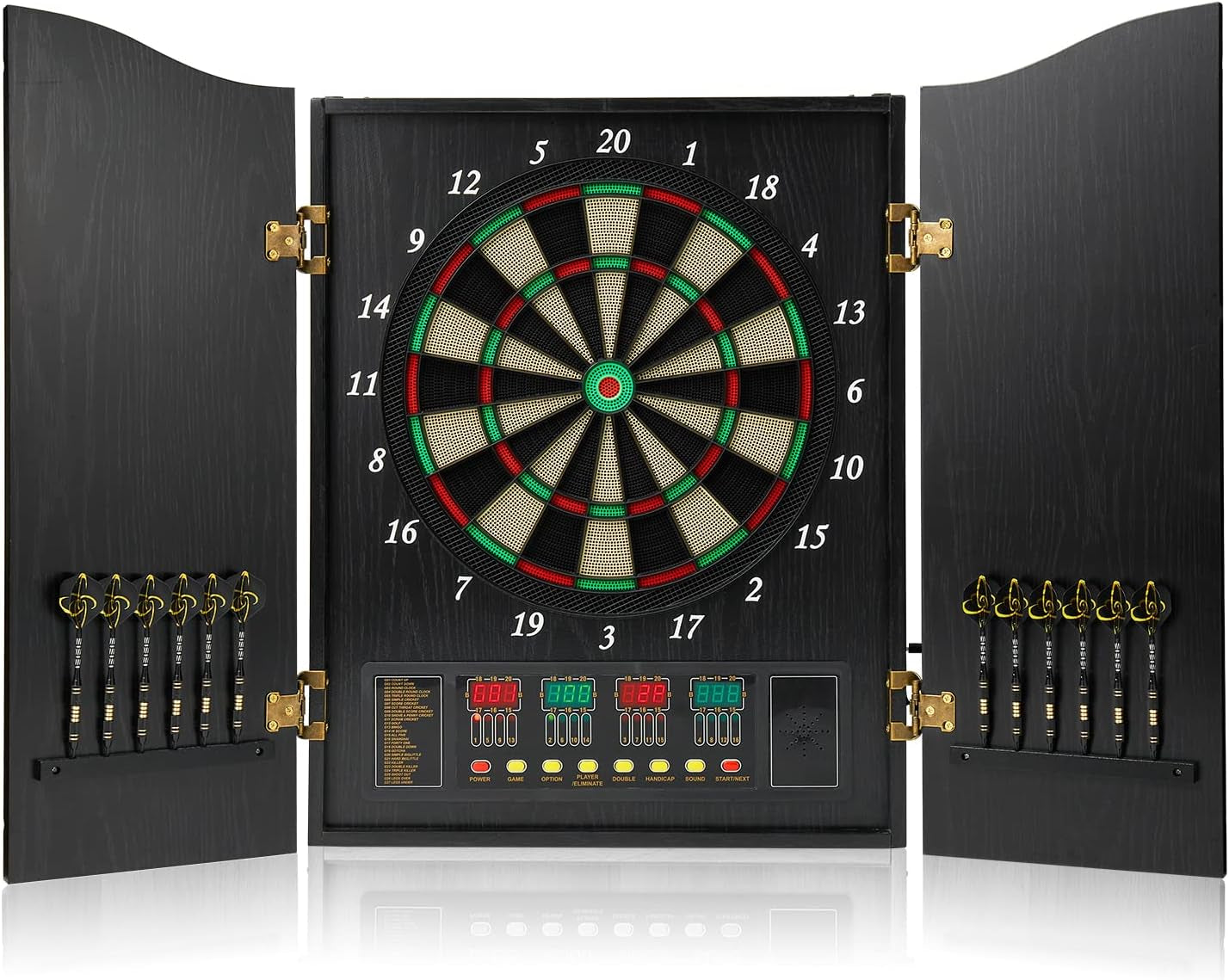 Decorative Dart Board Cabinet Set with Electronic Dart Board, 12 Soft Tip Darts, Wooden Cabinet Doors with Integrated Scoreboard, Apricot