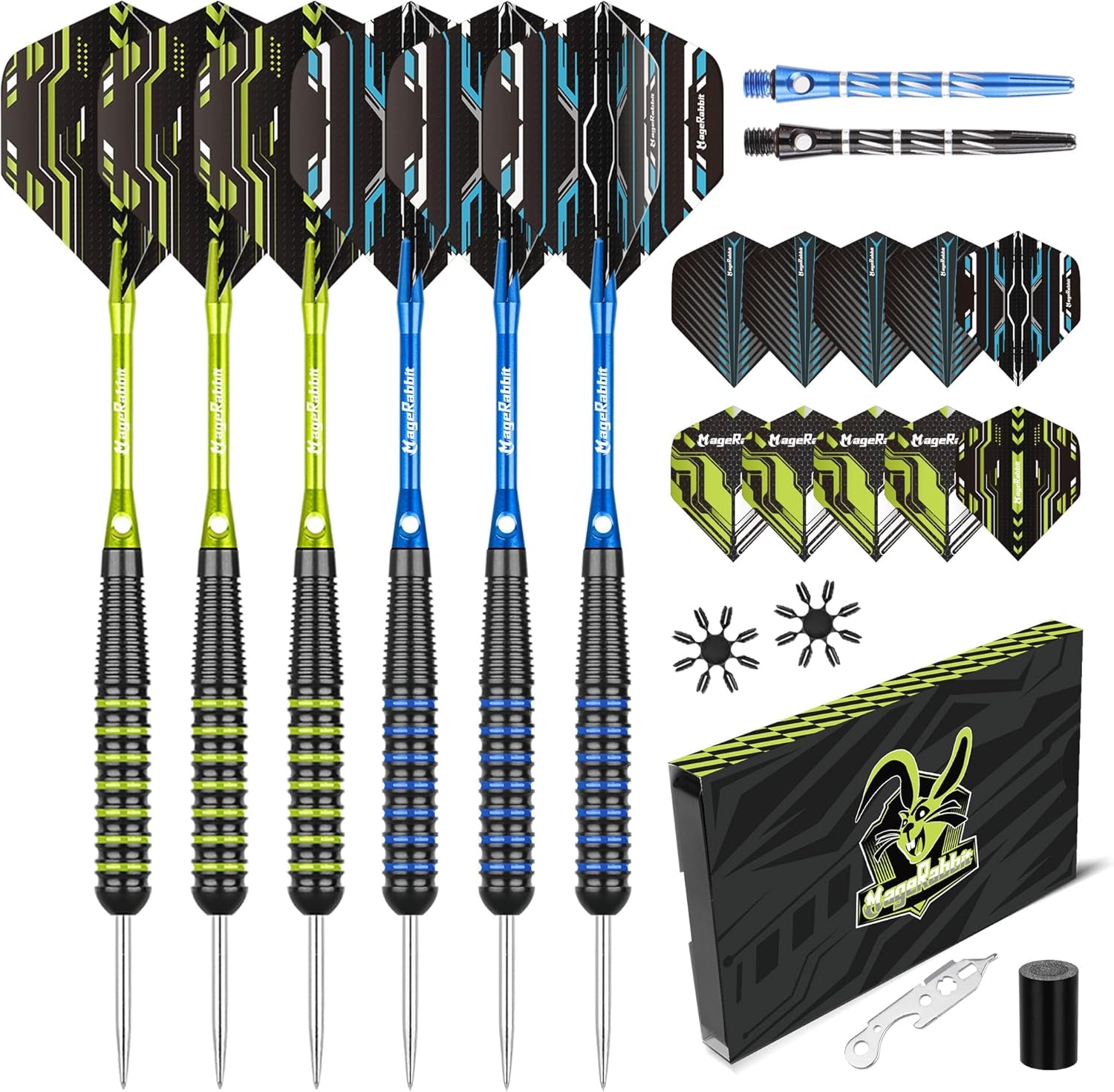 Steel Tip Darts Set 6Pack 22gams,Metal darts with 16pcs dart Flights+8pcs darts shafts+1pcs dart sharpener+2pcs Dart flights protector,Steel Darts Kit