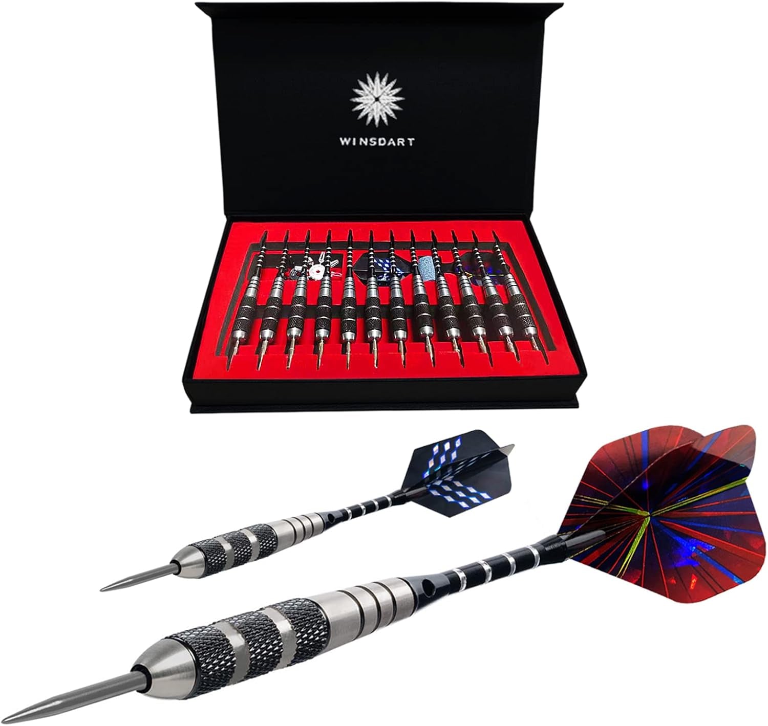 ADKX Steel Tip Darts 12 Pack Set with Nonslip Iron Barrel Aluminum Dart Shafts and Flights + Darts Sharpener + an Gift Box
