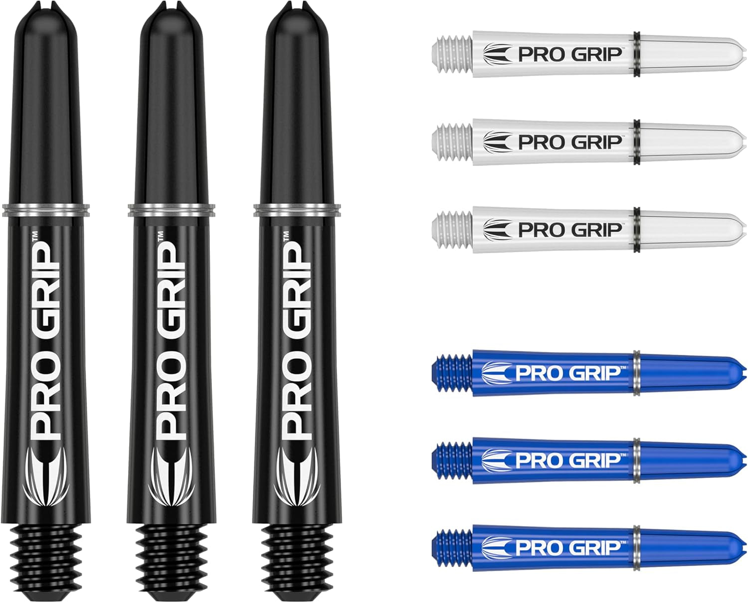 Pro Grip Shafts – Set of 9 | 3 Colours, Multicolour | 3 Size Options (Short, Intermediate, Medium) | Dart Stems, Professional Darts Accessories, 2BA Shaft Multipack with Rings