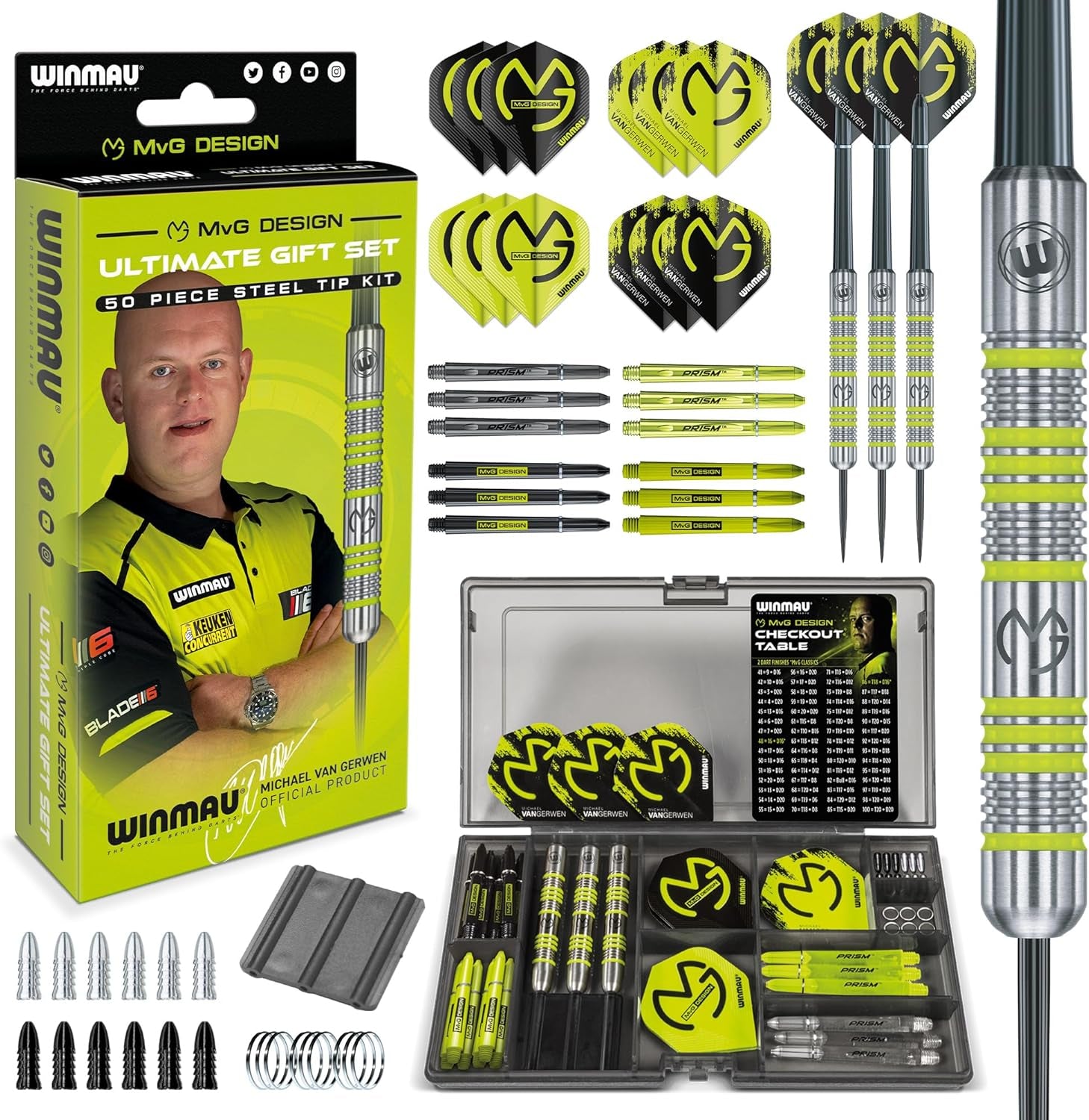 - Professional Player - Michael Van Gerwen MvG Gift Set - 50 Piece Professional Darts Set - Includes 4 Sets of Stems, 4 Sets of Flights and Accessories - 18g Soft Tip or 20g Steel Tip Dart