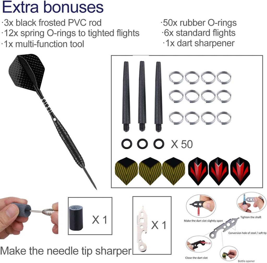 Professional 3 Pack 22g, 23g, 24g, 27g Steel Tip Darts Set With Darts Stems Flights + 50pcs Rubber O-Rings + 12pcs Spring Rings + 1pcs Dart Sharpener Tool for Dart Board